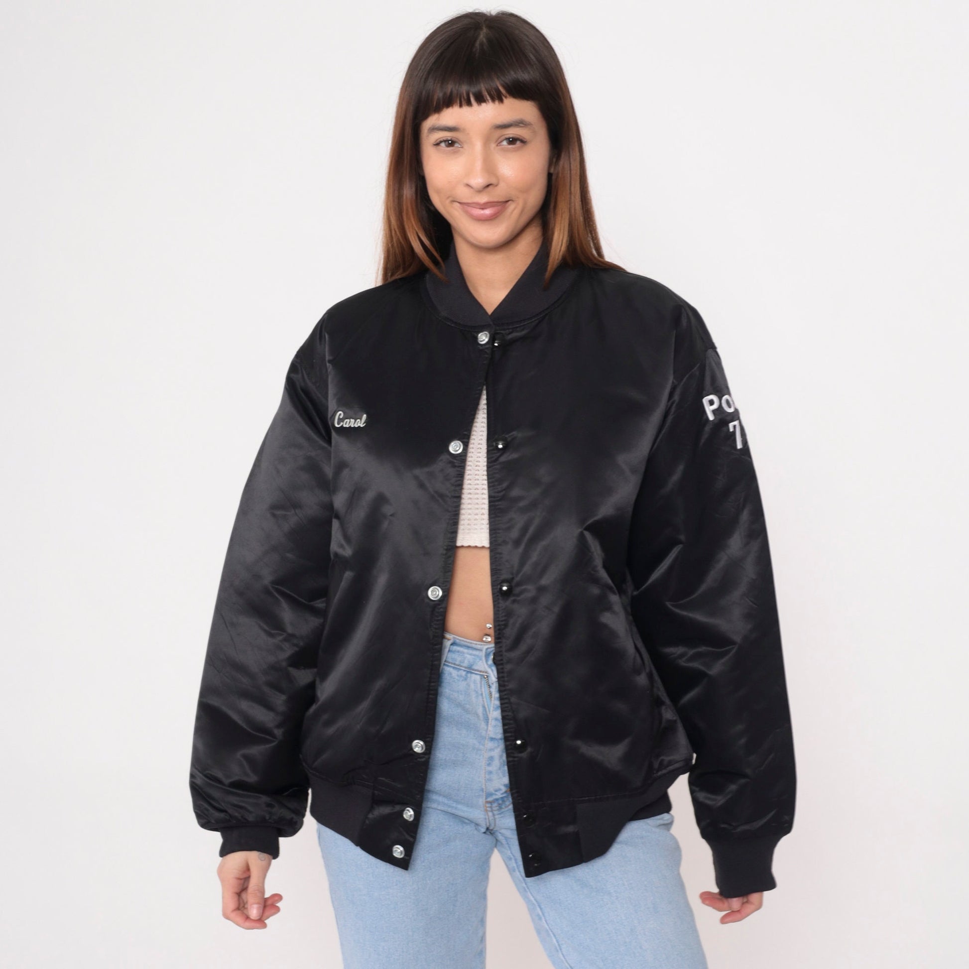 90s AMVETS Bomber Jacket Black Nylon Satin Snap Buffalo NY Large