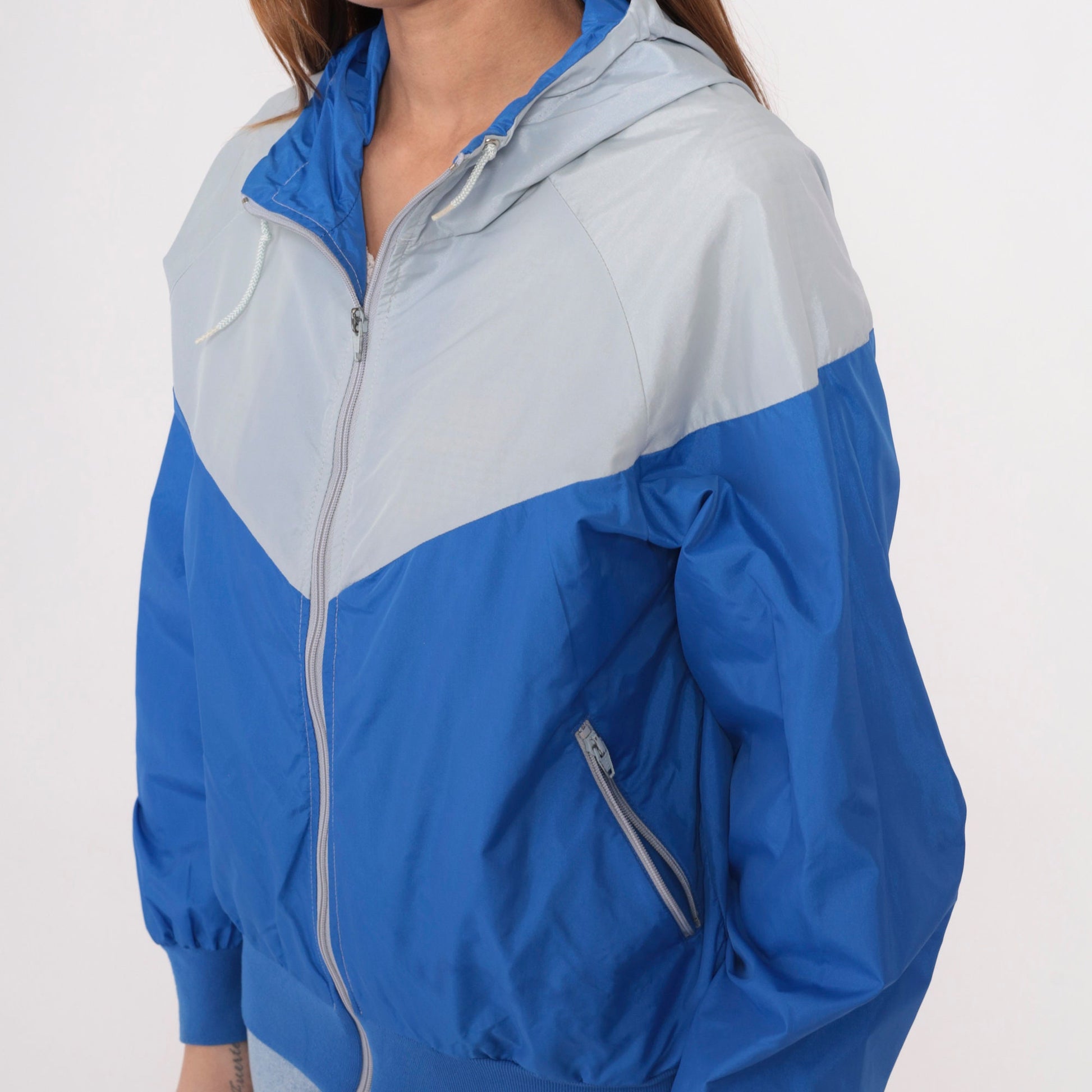 80s Nike Colour Block Hooded Windbreaker Grey Blue Raglan Medium Large