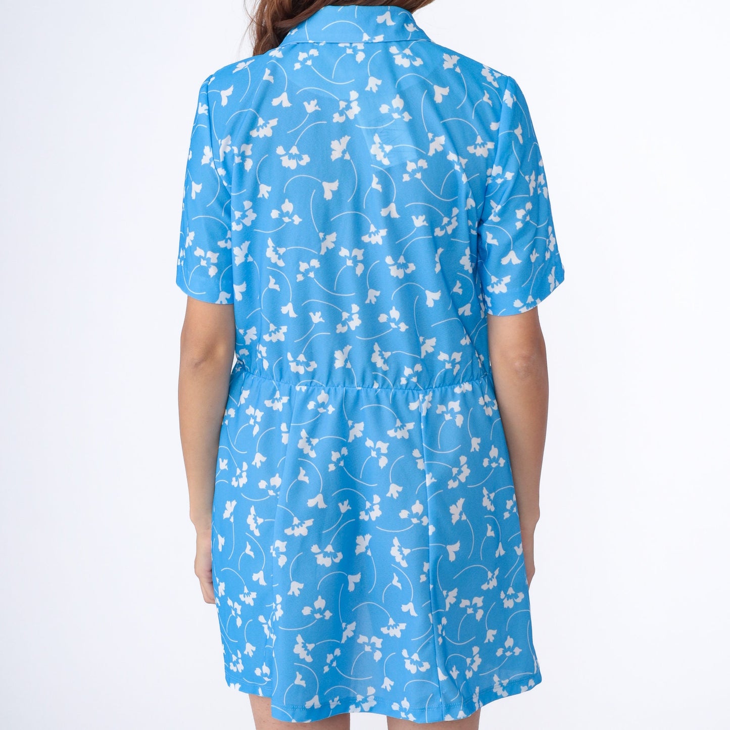 80s Blue Floral Mini Dress Chelsea Collar Button-Up Shirtdress Medium