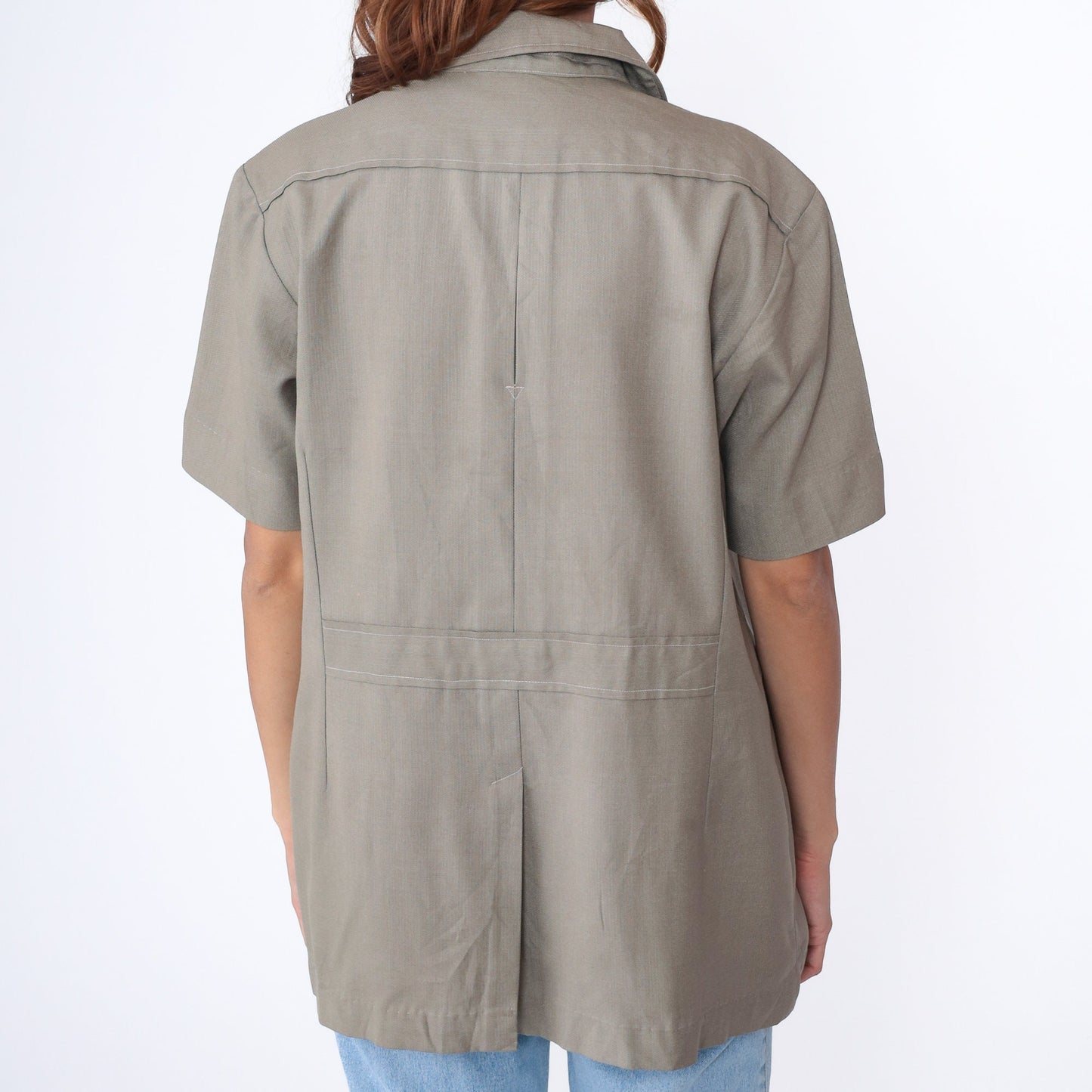 70s Taupe Wool Blend Button-Up Shirt White Topstitching Men's Medium
