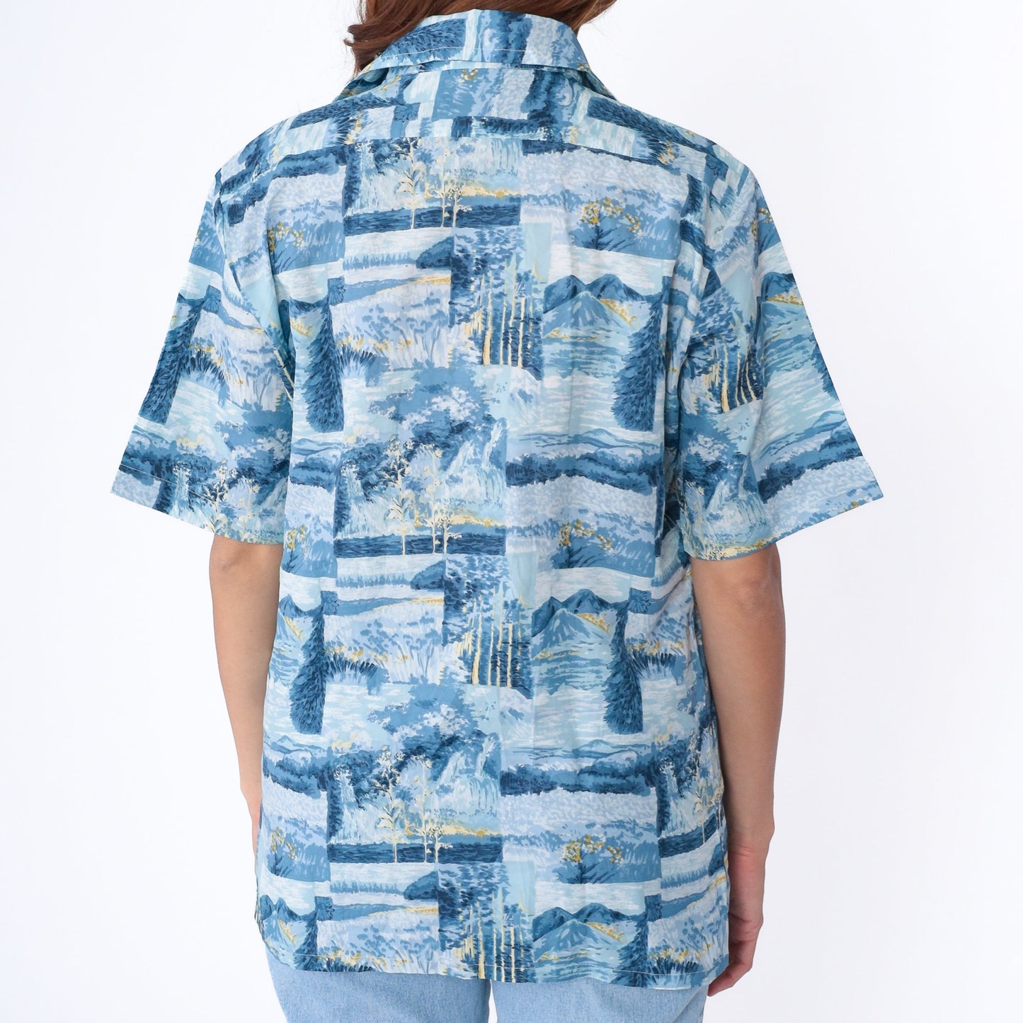70s Nature Print Button-Up Shirt Trees Mountains Blue Short Sleeve Men's Medium