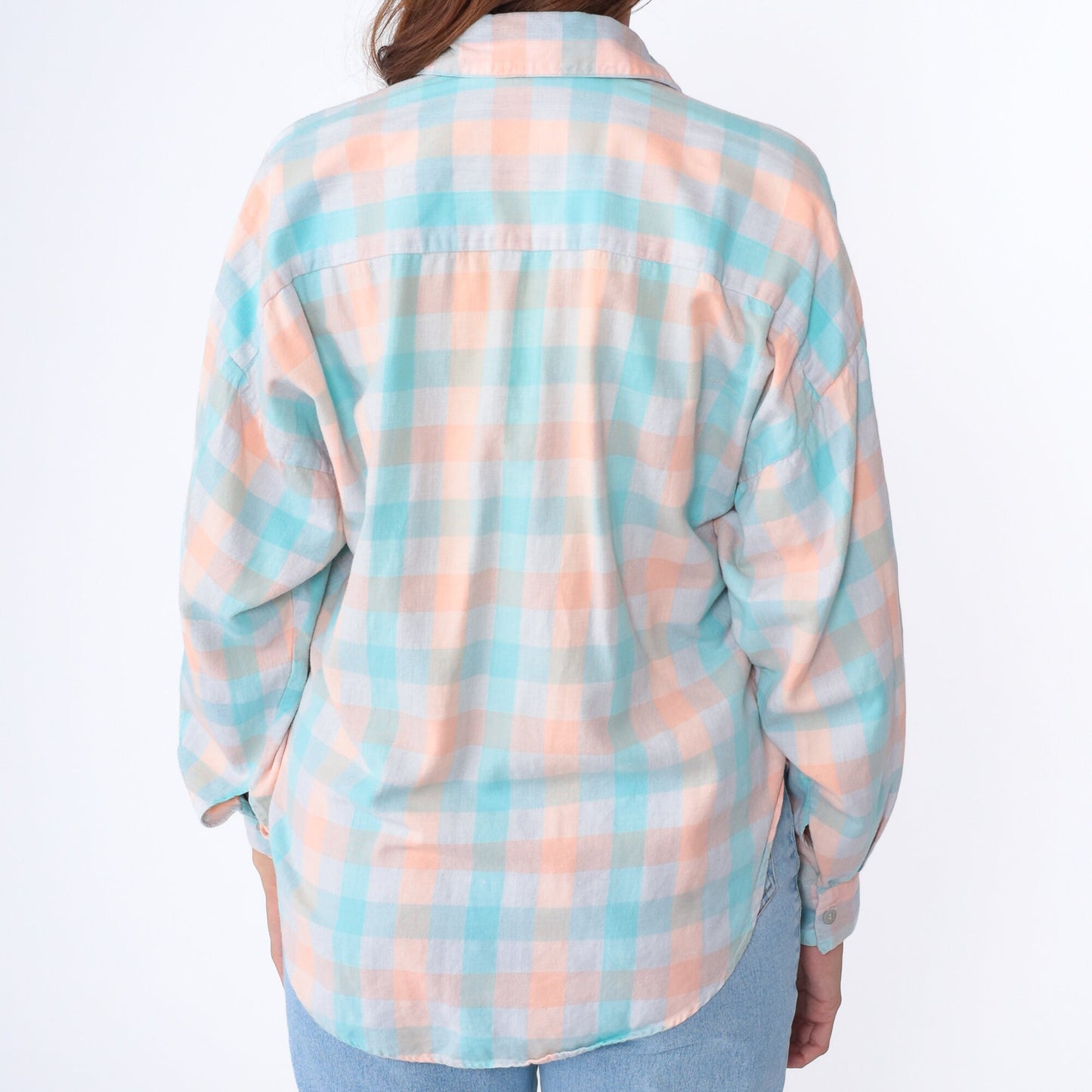 90s Buffalo Check Button Up Blouse Peach Aqua White Cotton Medium