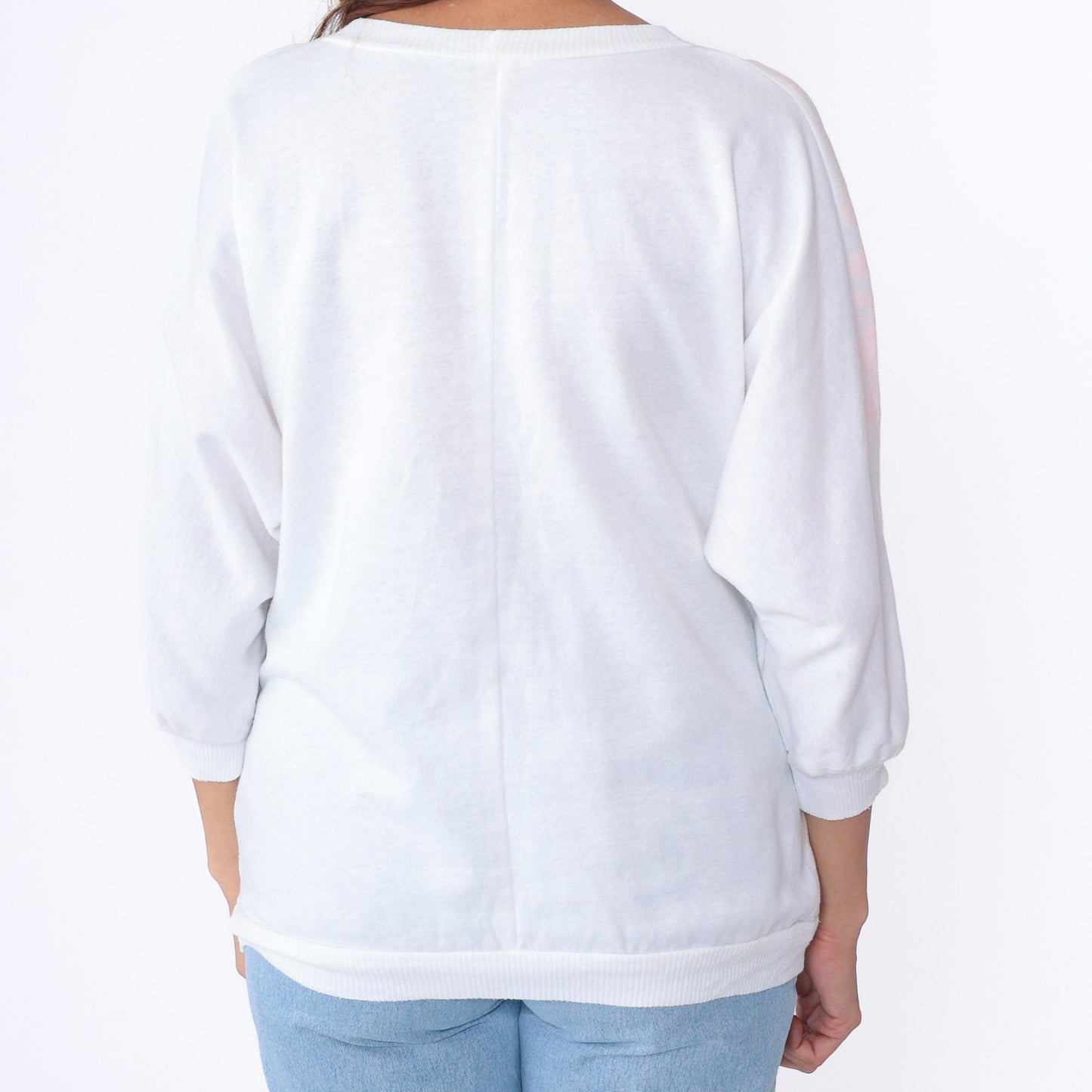 80s White Sweatshirt Pastel Chevron Glitter Paint Batwing Sleeve Medium