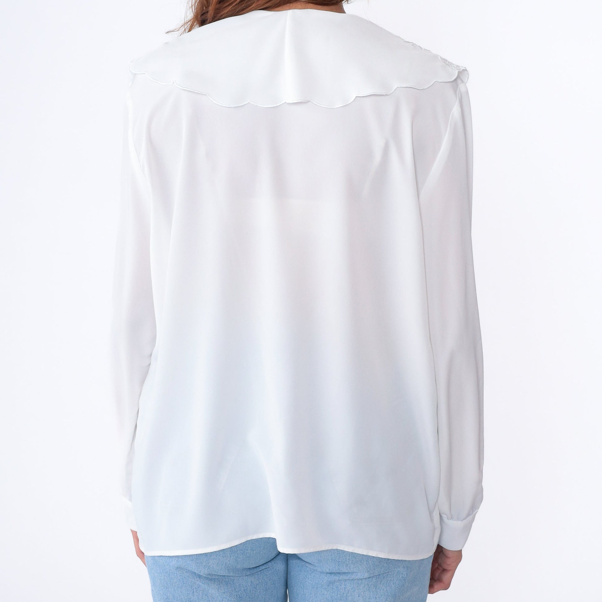 80s White Floral Embroidered Puritan Collar Blouse Button Up Long Sleeve Medium
