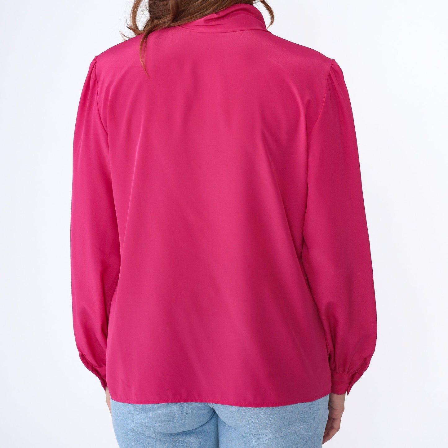 90s Fuchsia Pink Puff Sleeve Blouse Scarf Neck Hidden Button Small