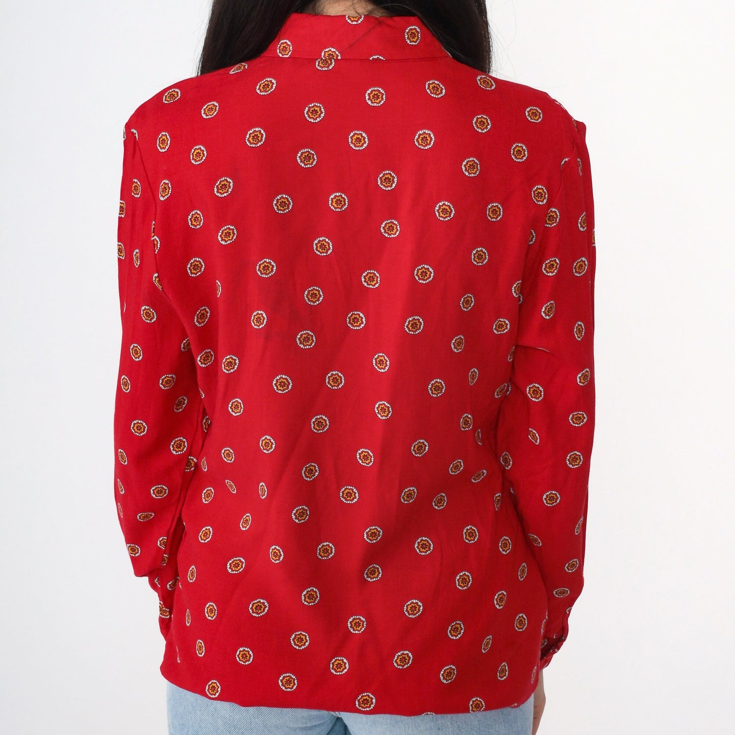 90s Abstract Floral Print Button Up Blouse Red Rayon Long Sleeve Medium