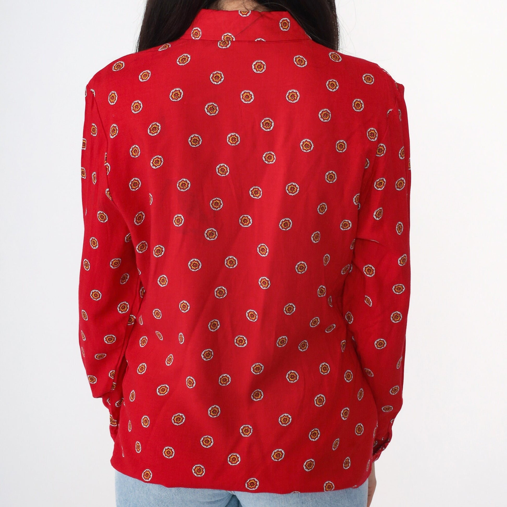 90s Abstract Floral Print Button Up Blouse Red Rayon Long Sleeve Medium