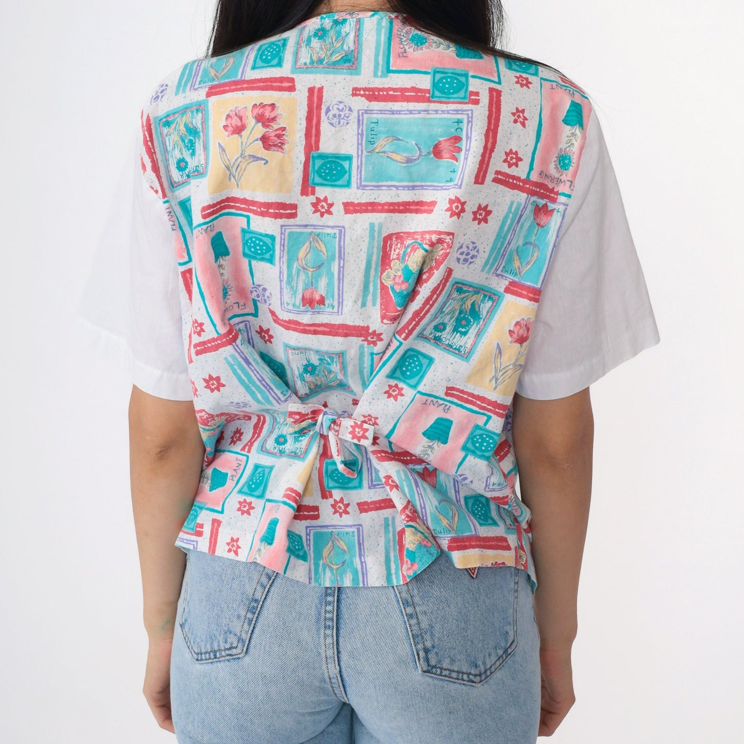 90s Floral Garden Print Button Up Blouse White Attached Vest Medium