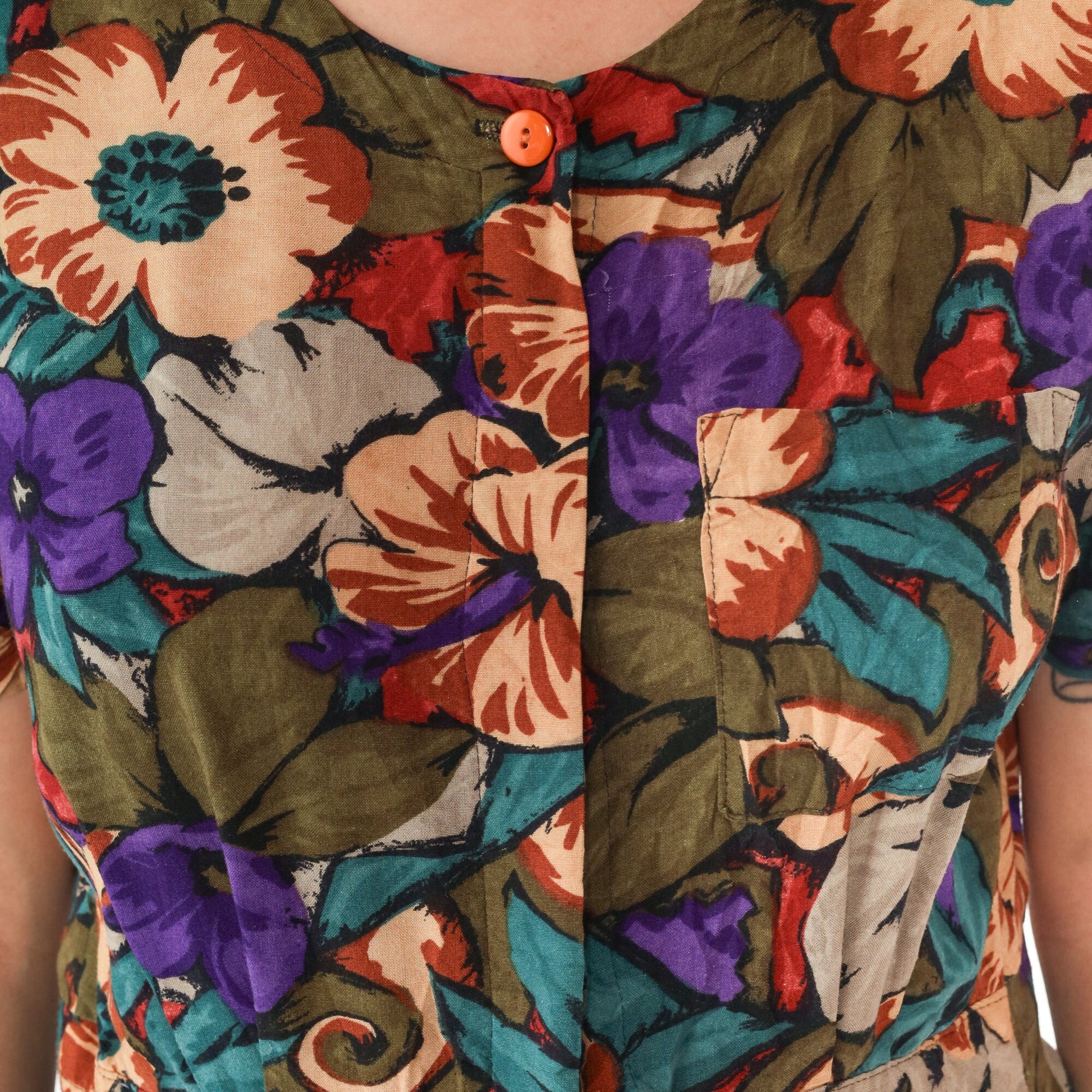 90s Tropical Floral Rayon Romper Wide Leg Shorts Button Up Medium