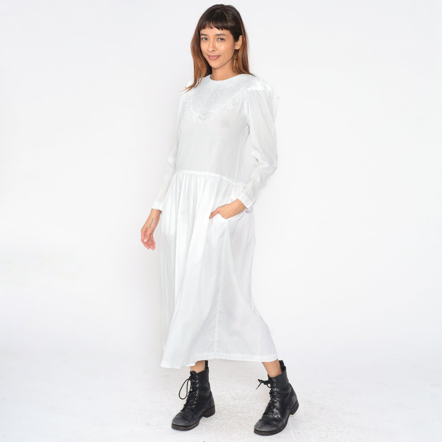 80s White Polka Dot Midi Dress Puff Sleeve Lace Bib Low Waist Small