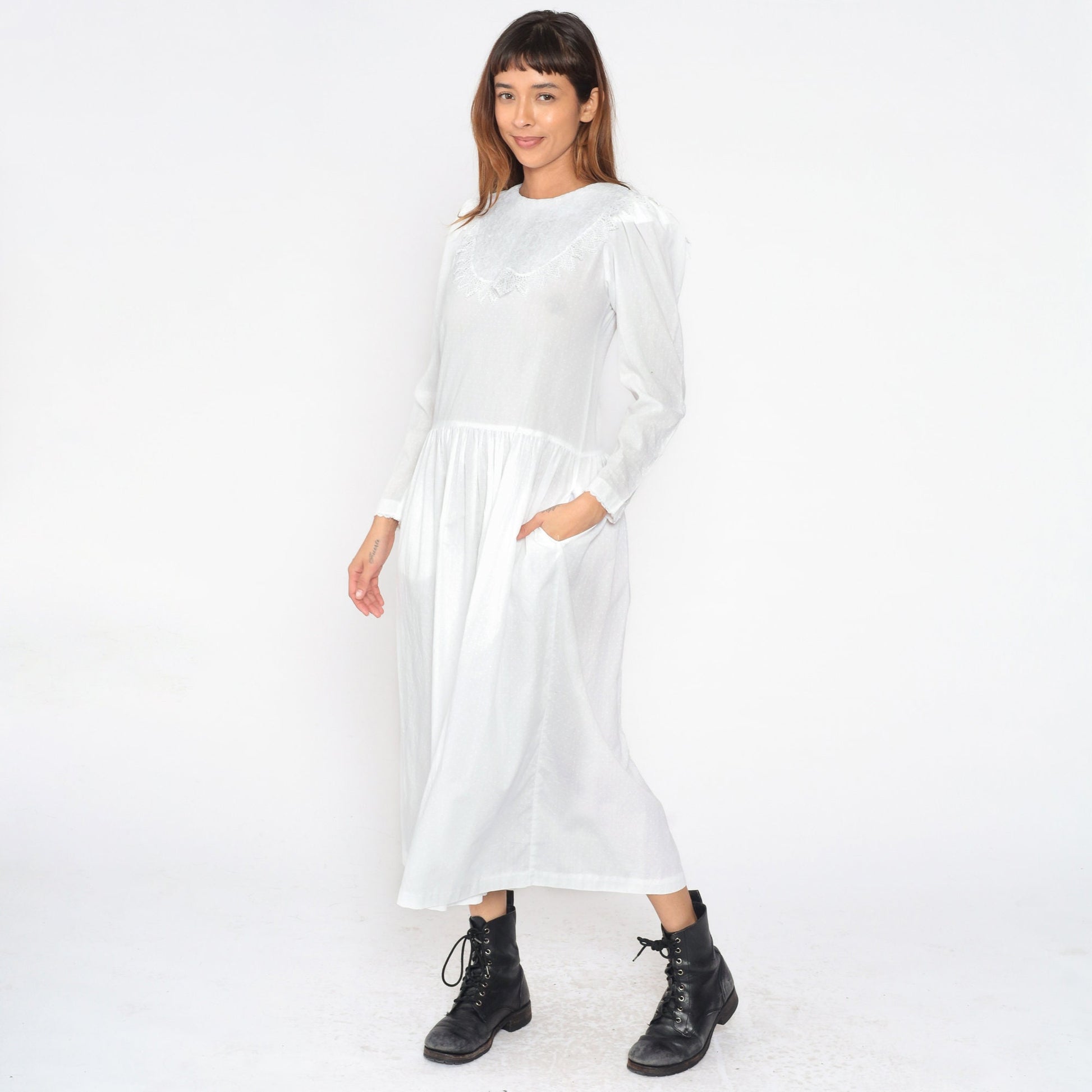 80s White Polka Dot Midi Dress Puff Sleeve Lace Bib Low Waist Small