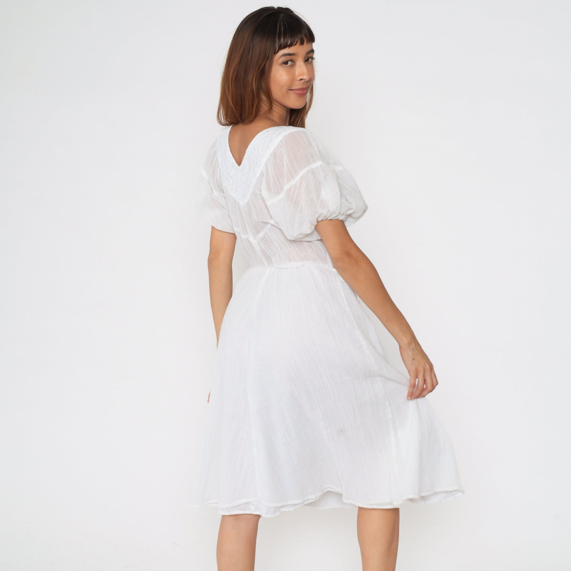 80s White Gauze Midi Dress Puff Sleeve V-Neck Lace Trim High Waist Extra Small