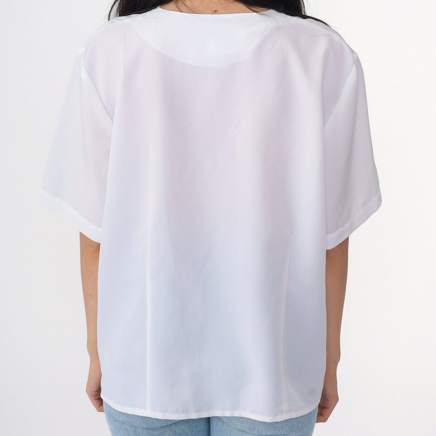 90s White Floral Embroidered Blouse Scalloped V-Neck Button-Up Short Sleeve Large L