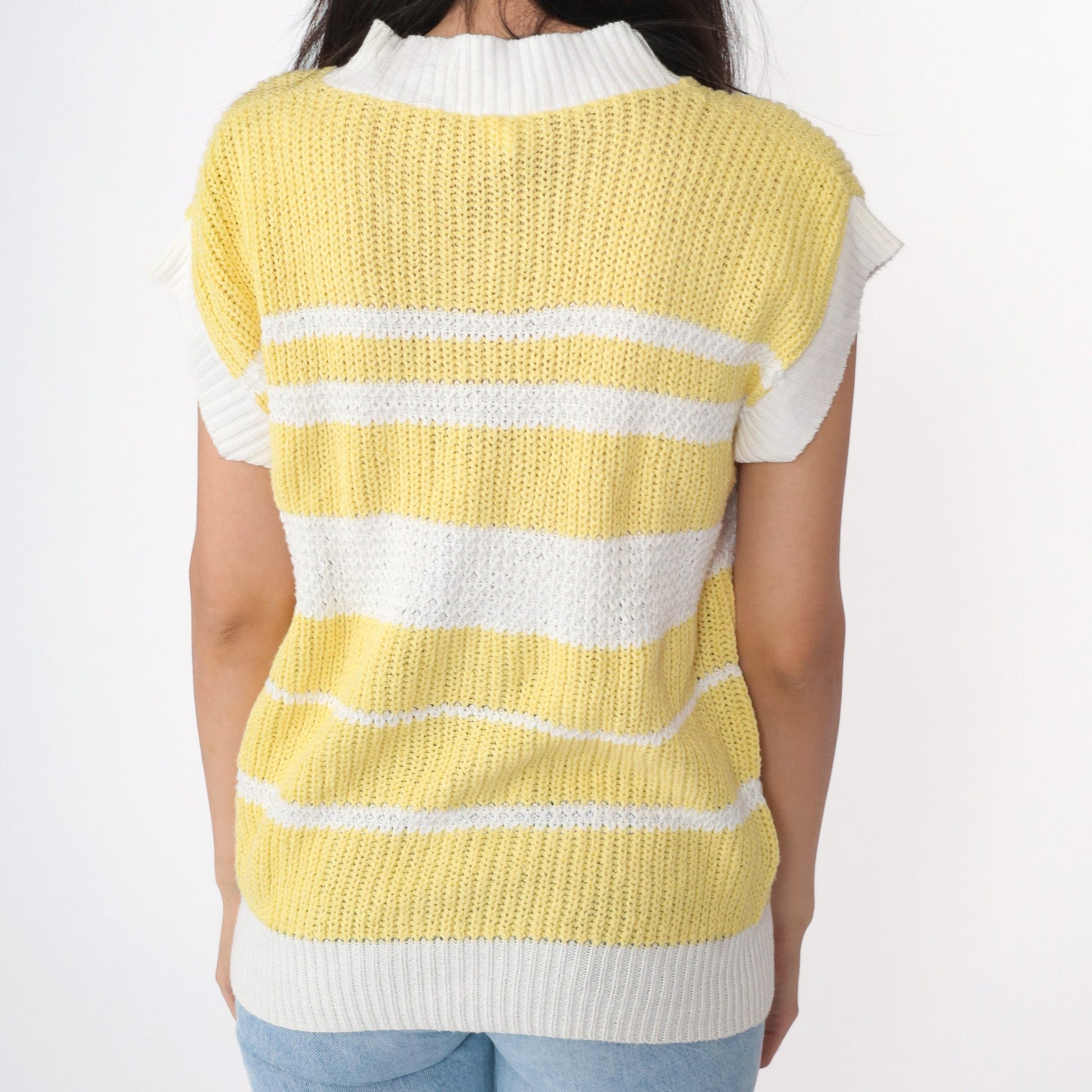 80s Yellow White Striped Knit Shirt Mock Neck Short Sleeve Small