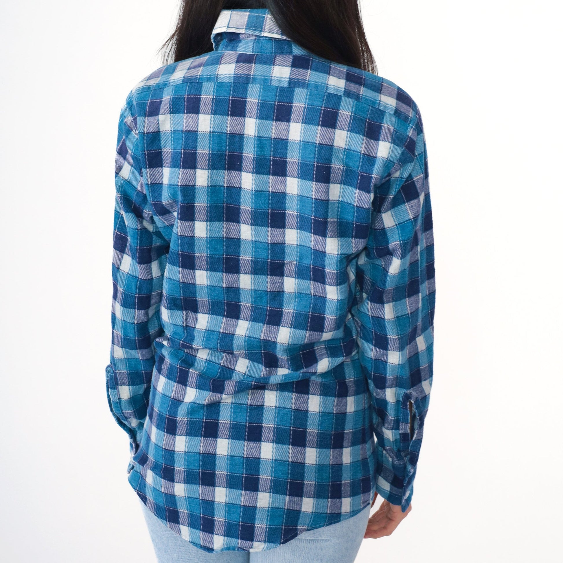 70s Mr. Wrangler Flannel Shirt Blue Navy Plaid Button Up Small