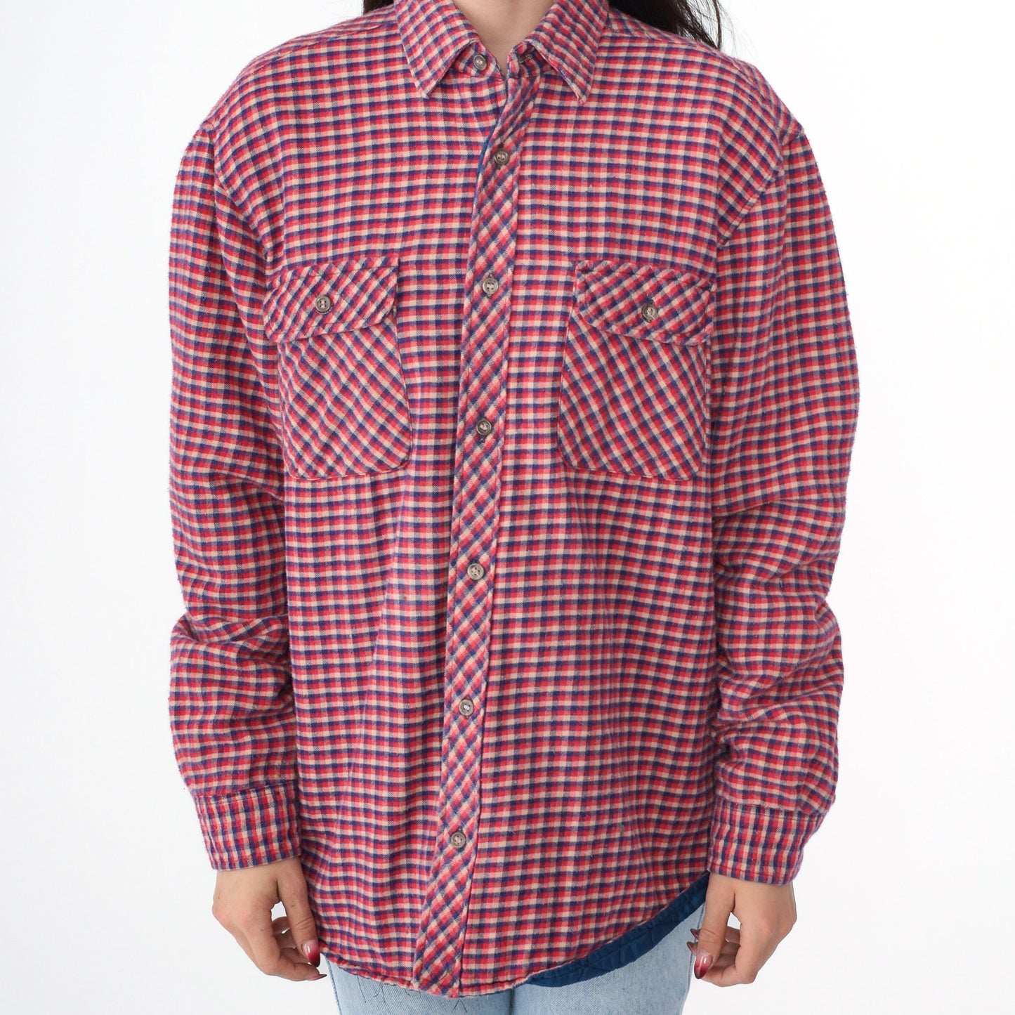 90s Red Plaid Quilted CPO Jacket Button-Up Blue Tan Checkered Large