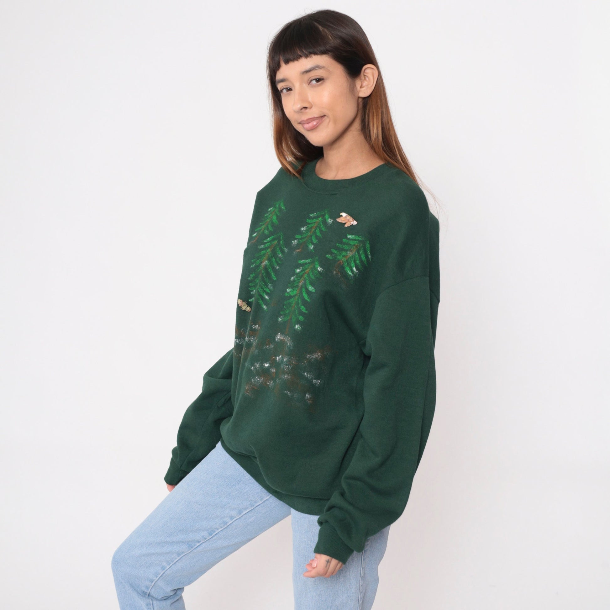 90s Hand Painted Forest Ranger Teddy Bear Eagle Sweatshirt Dark Green Extra Large XXL