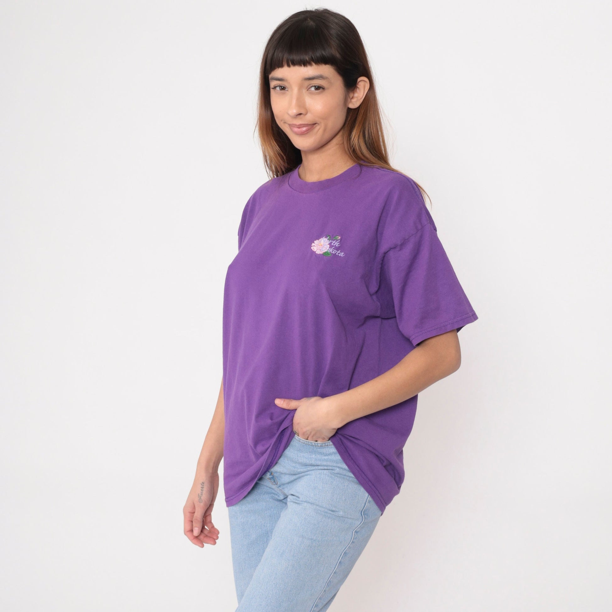 North Dakota Prairie Rose Embroidered Graphic Tee Purple 1990s Extra Large