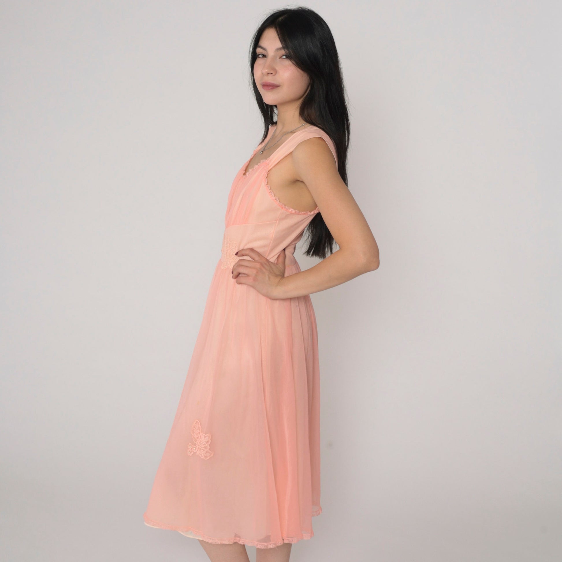 70s Gotham Gold Stripe Nightgown Pink Beaded Lace Applique Midi Small