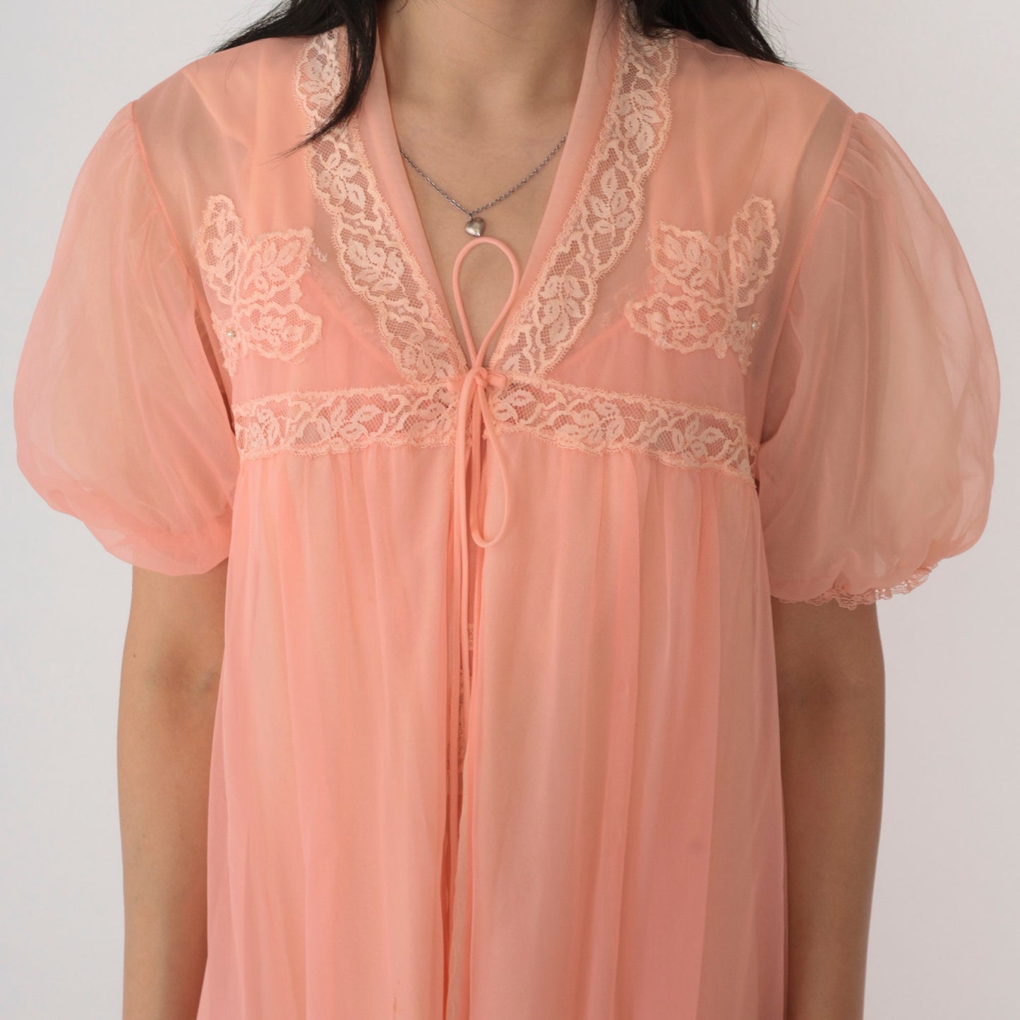 70s Pink Nylon Lingerie Robe Lace Beaded Puff Sleeve Midi Small