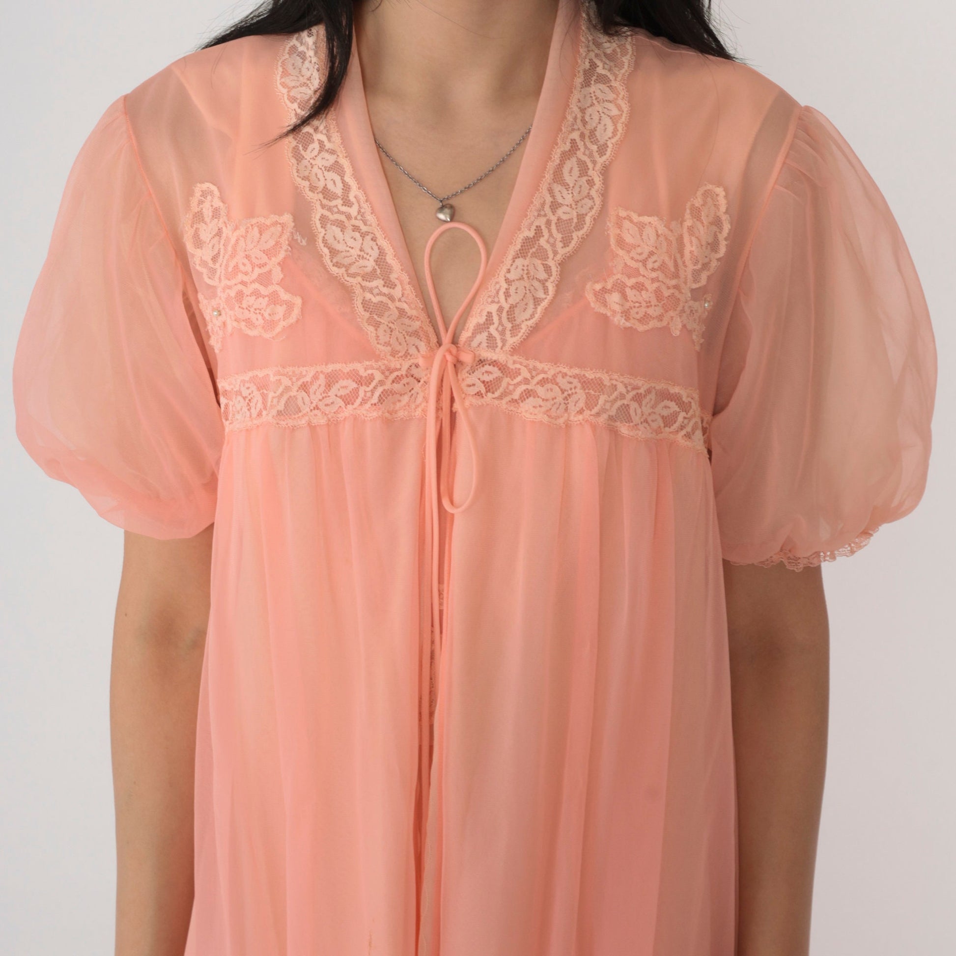 70s Pink Nylon Lingerie Robe Lace Beaded Puff Sleeve Midi Small