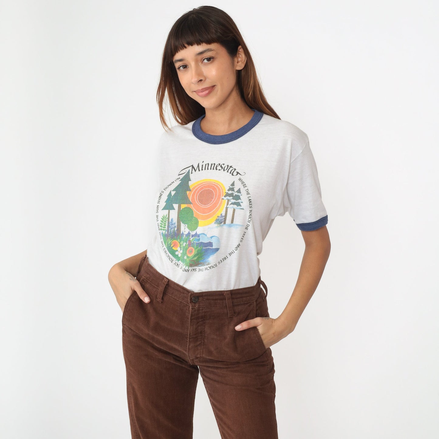 80s Minnesota Ringer Tee Graphic T-Shirt Where Lakes Touch Trees Medium