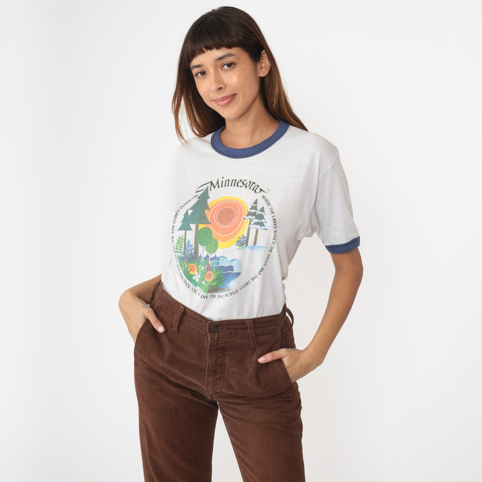 80s Minnesota Ringer Tee Graphic T-Shirt Where Lakes Touch Trees Medium