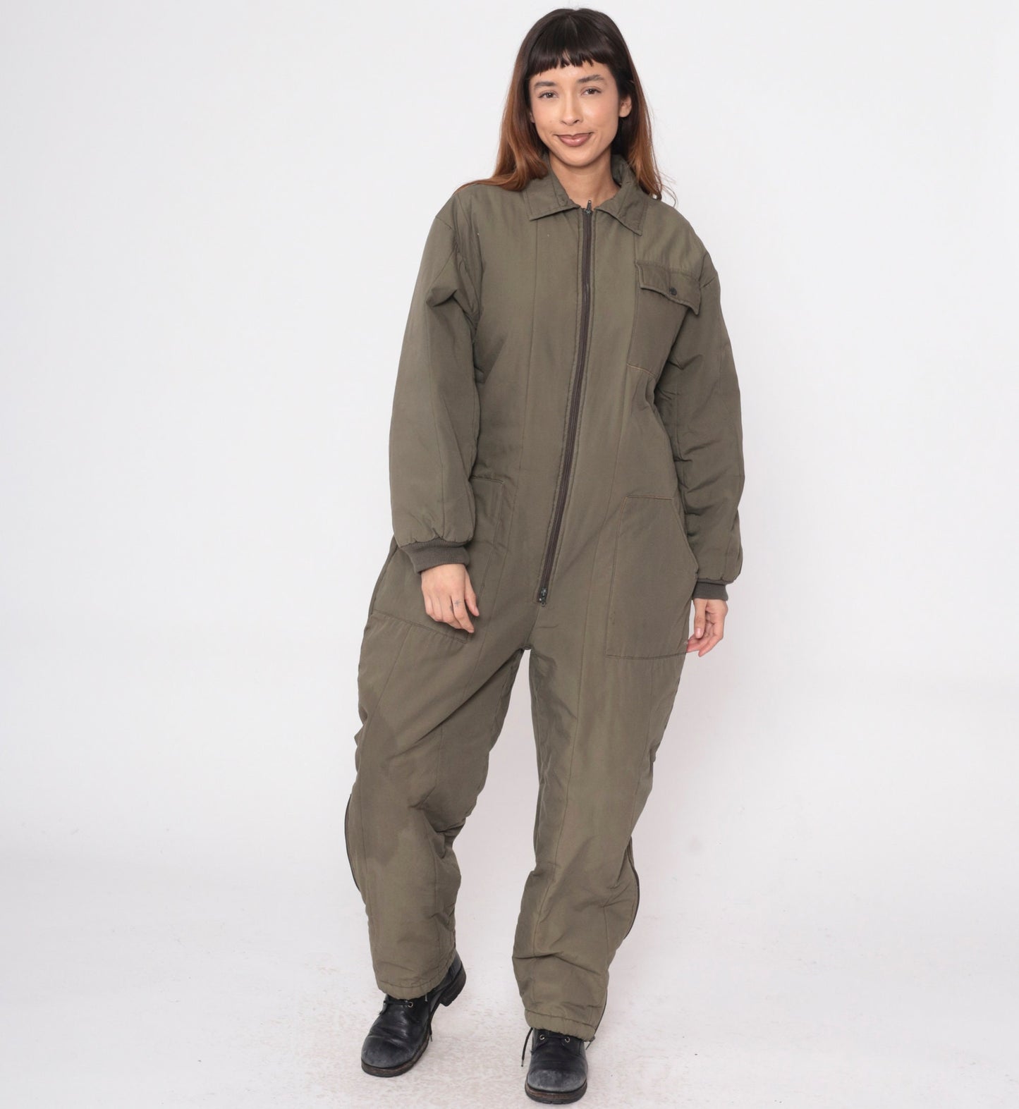 80s Snowmobile Coveralls Olive Green Insulated Jumpsuit Cargo Pockets Small