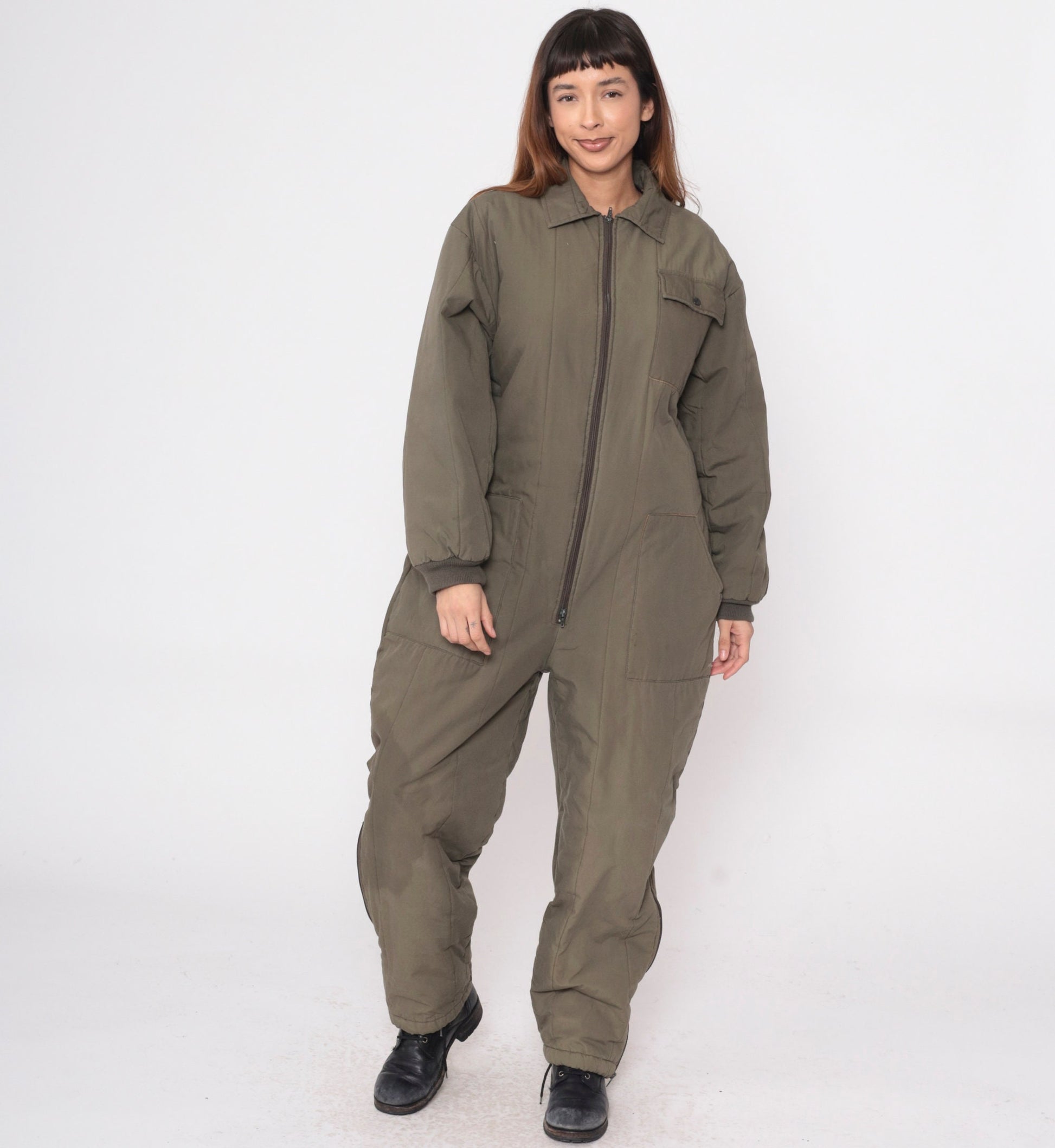 80s Snowmobile Coveralls Olive Green Insulated Jumpsuit Cargo Pockets Small