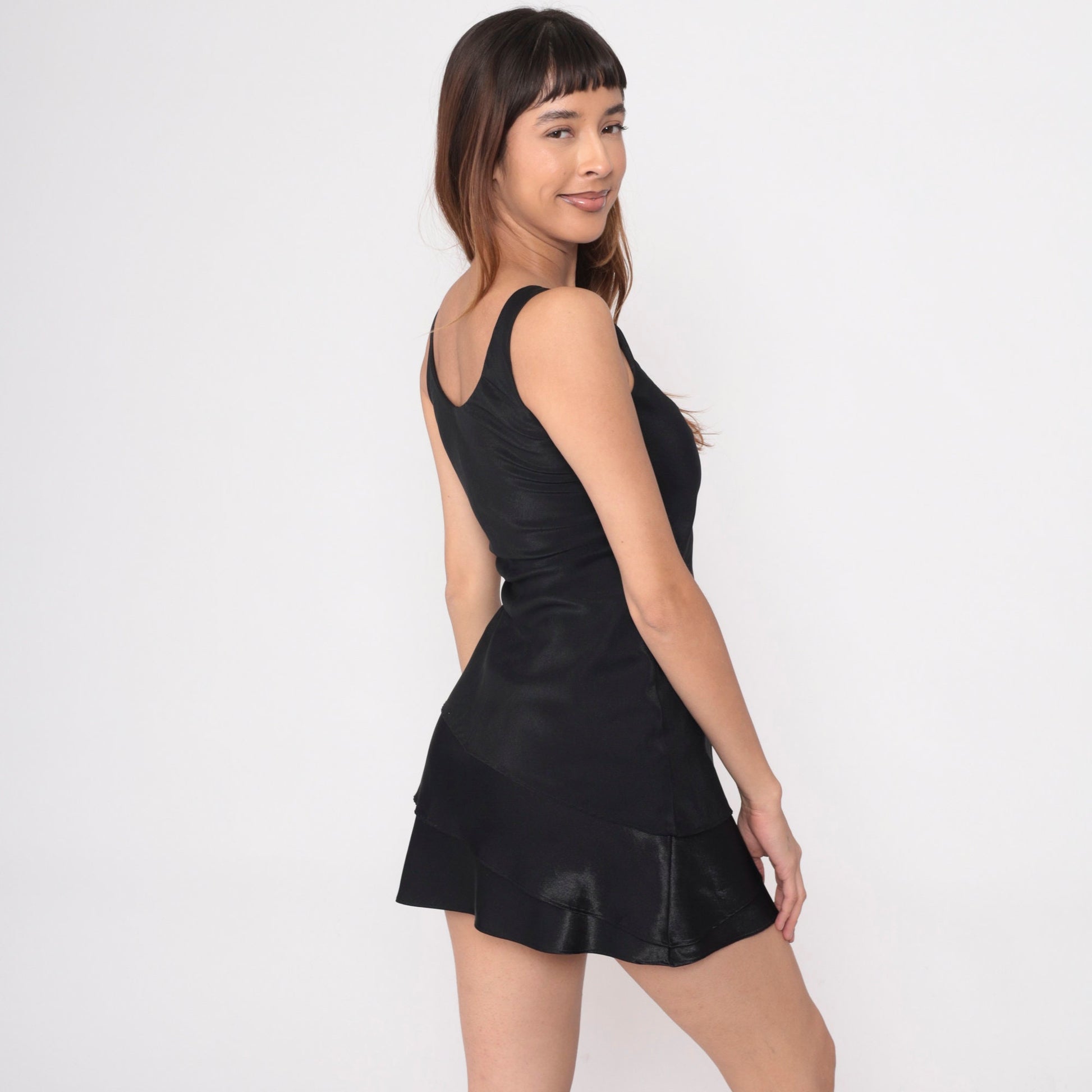 Y2K Black Mini Dress Tiered Flounce Satin Sheath Sleeveless Extra Small