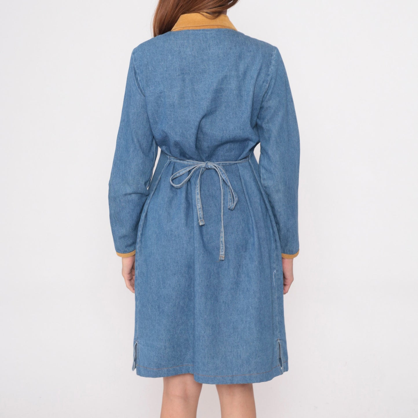 90s Studio Ease Blue Denim Shirtdress Corduroy Collar Knee-Length Small 6