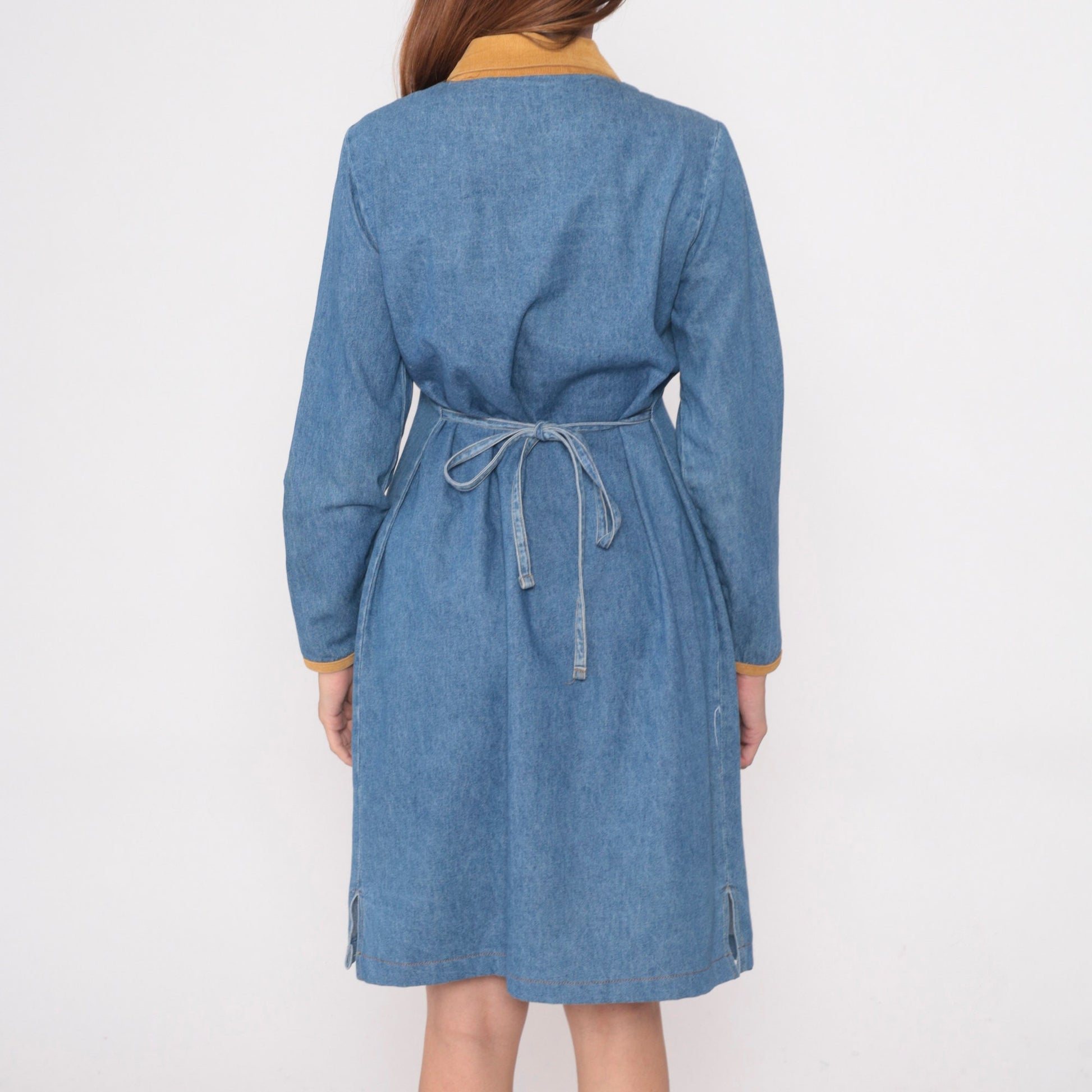 90s Studio Ease Blue Denim Shirtdress Corduroy Collar Knee-Length Small 6