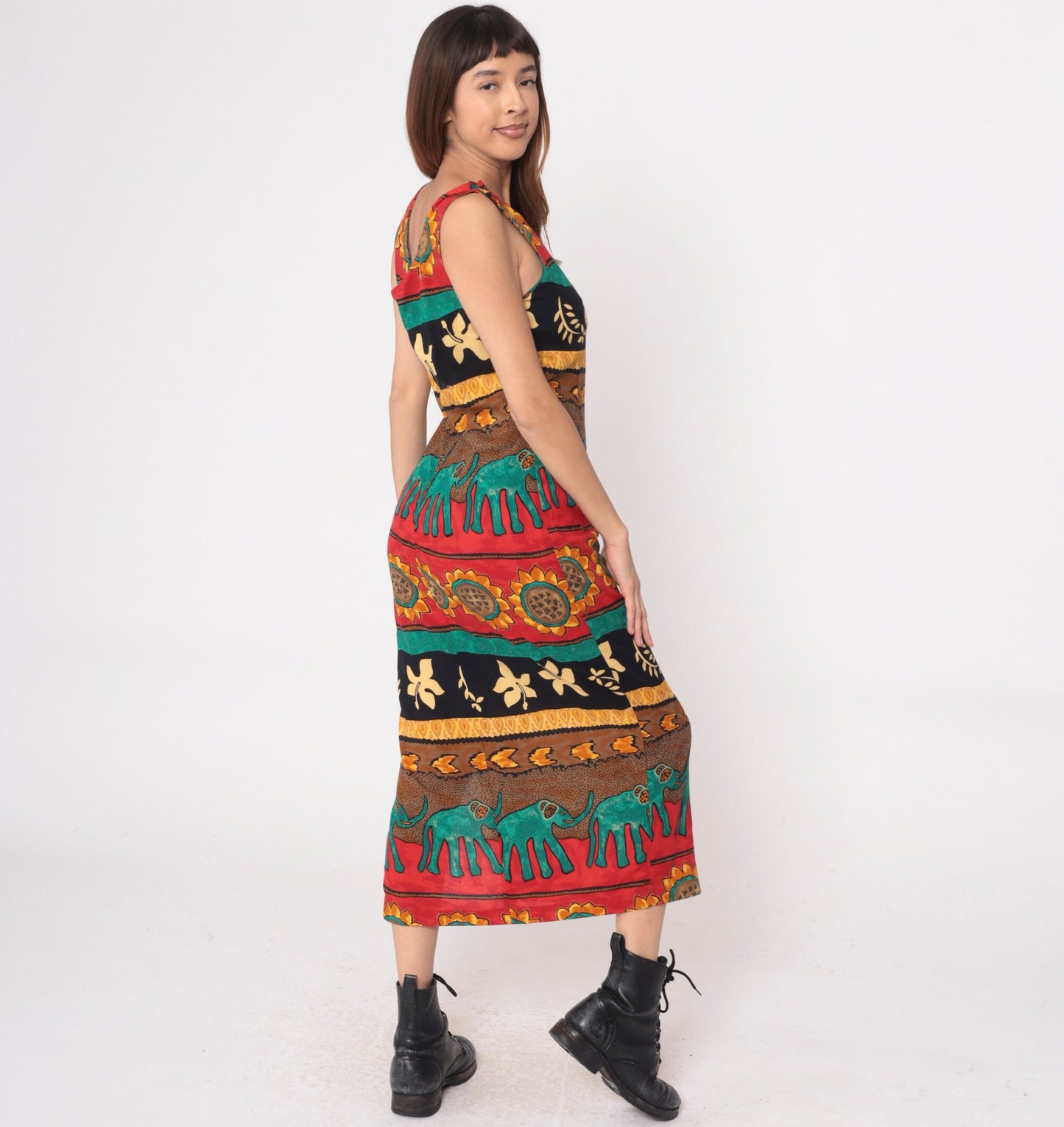 90s Tropical Elephant Sunflower Maxi Dress Striped Red Teal Sleeveless Medium