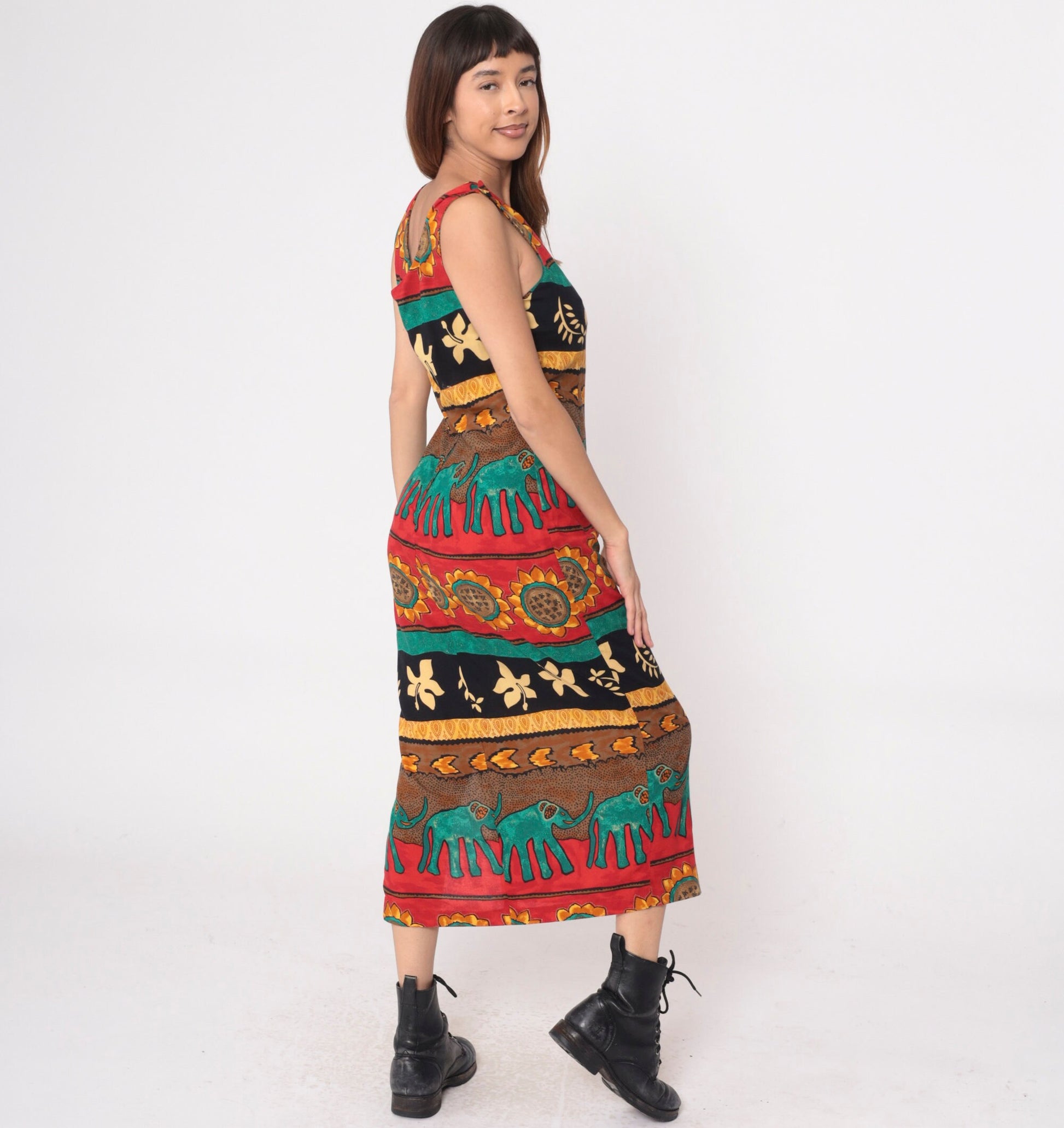 90s Tropical Elephant Sunflower Maxi Dress Striped Red Teal Sleeveless Medium