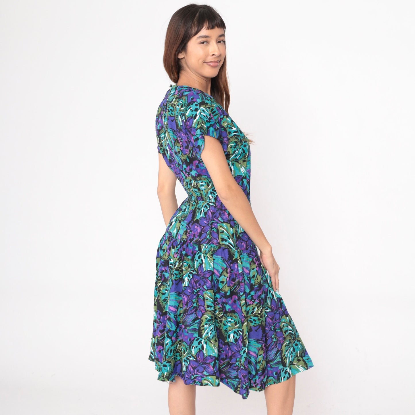 90s Tropical Floral Midi Dress Purple Teal Short Sleeve High Waist Large 12