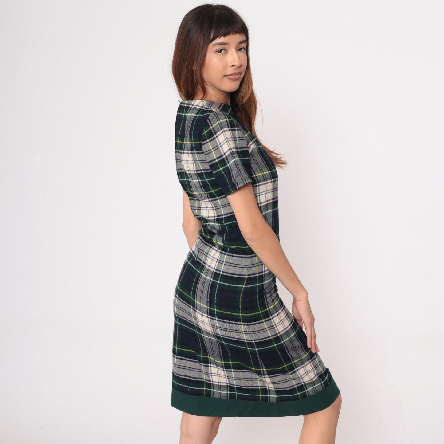 60s Vogue Couturier Plaid Wool Sheath Dress Blue Green Tartan Small