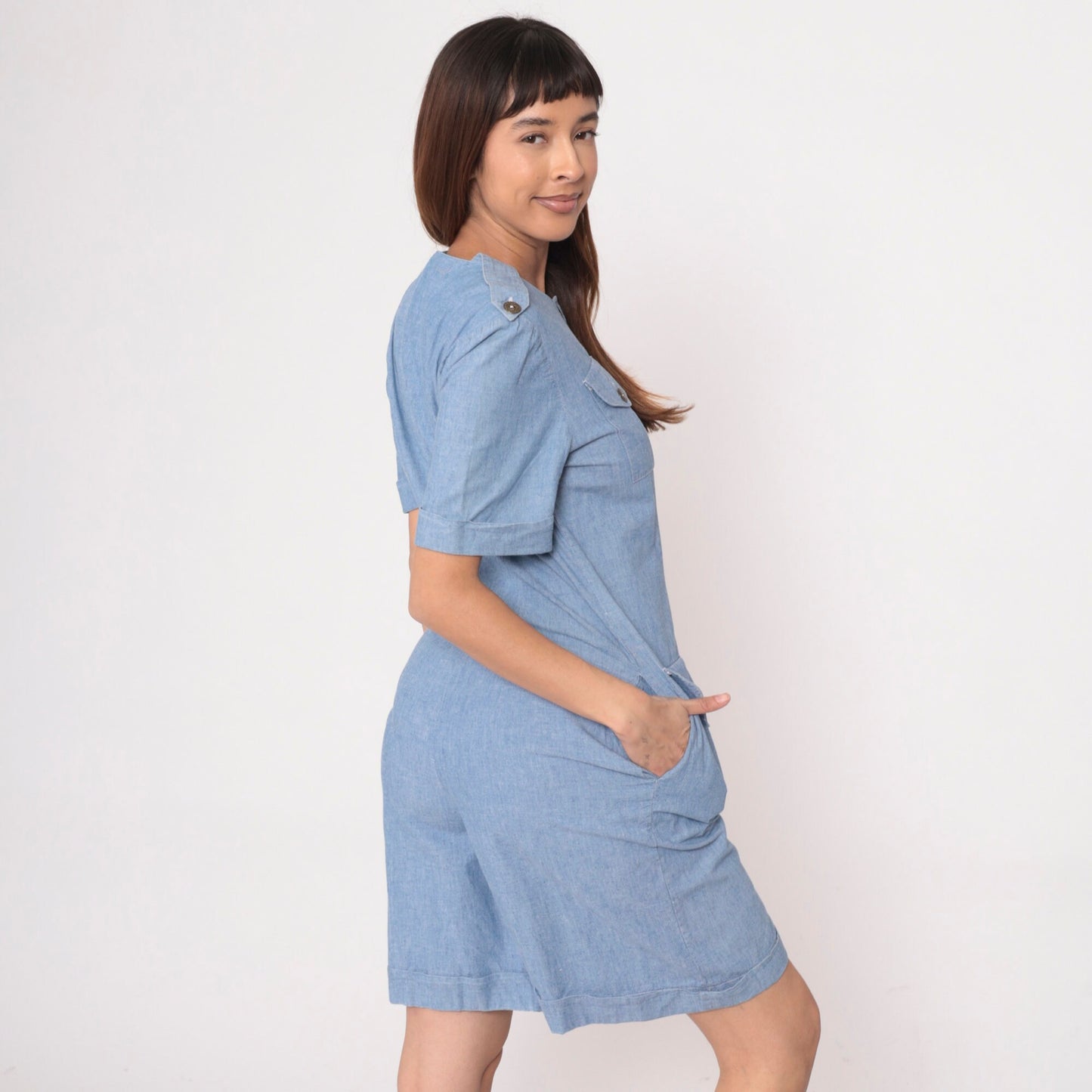 90s Leslie Fay Denim Romper Military Epaulette Chambray Playsuit Medium 8