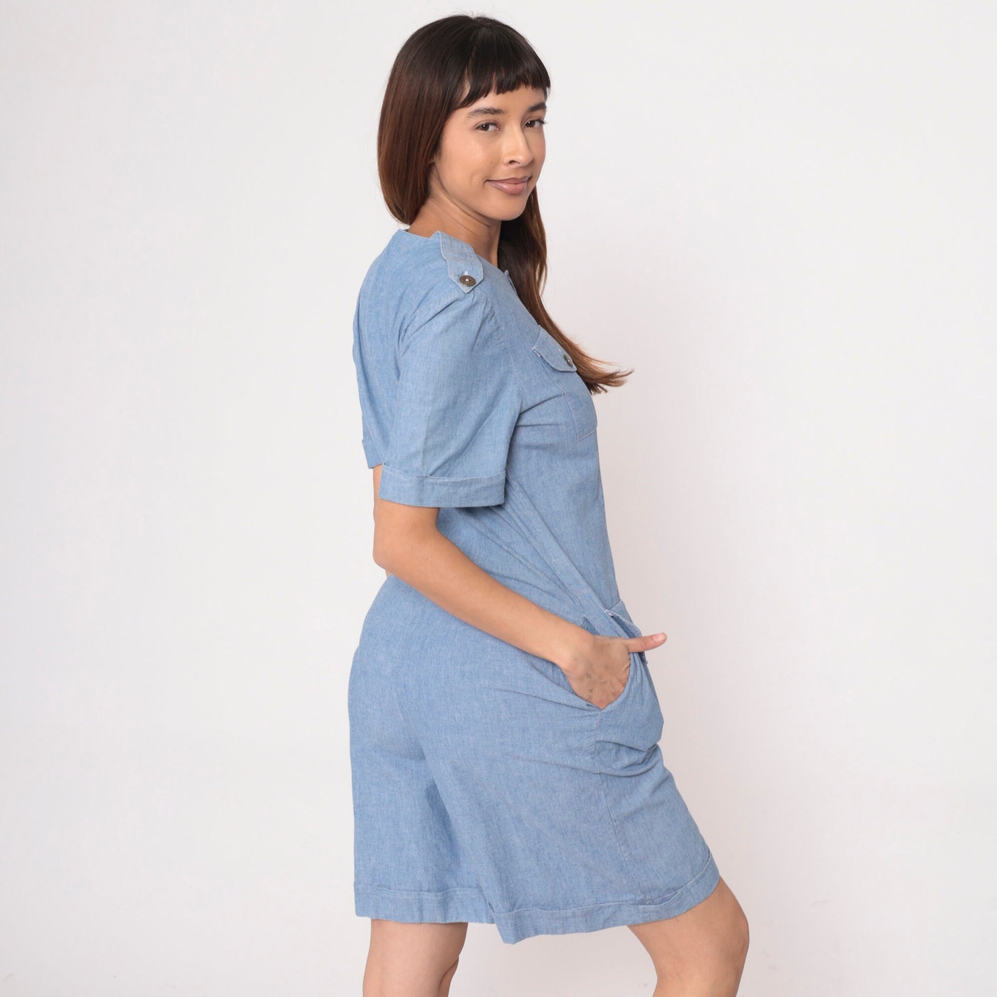 90s Leslie Fay Denim Romper Military Epaulette Chambray Playsuit Medium 8