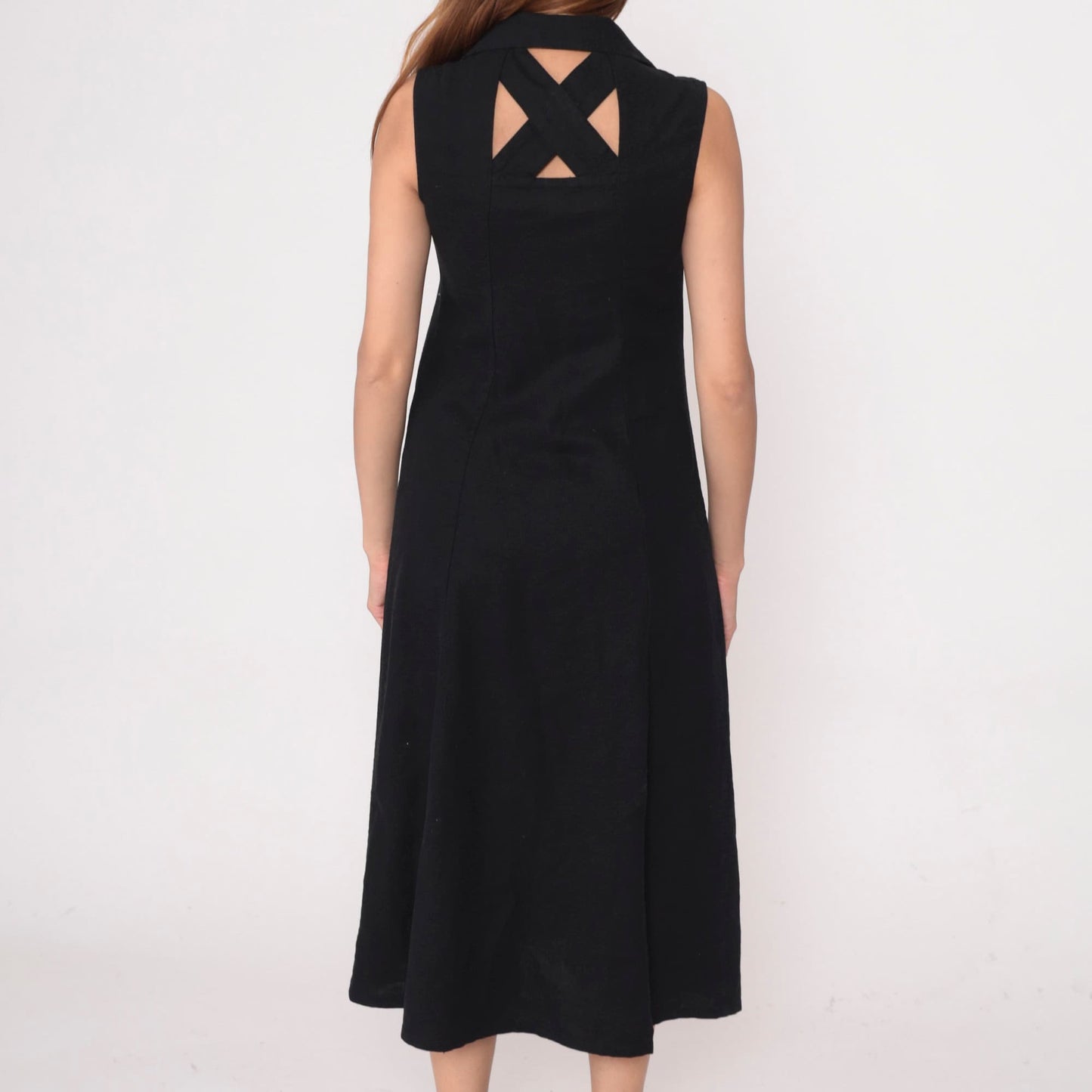 Y2K Black Linen Rayon Button-Up Midi Dress Cutout Back Small S
