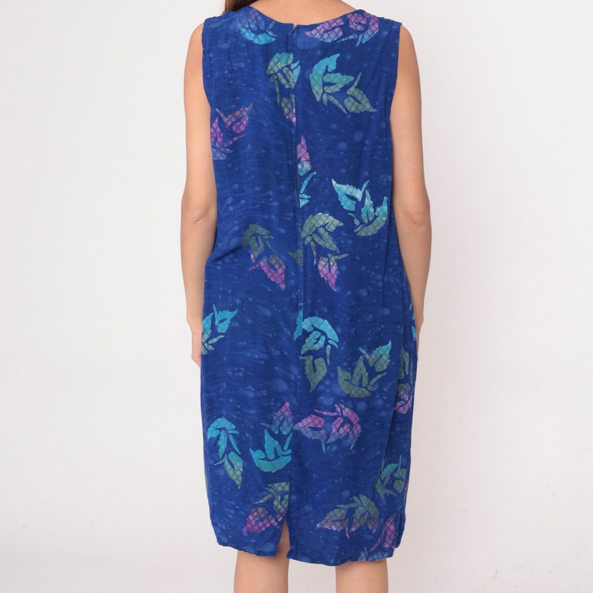 Y2K Blue Tropical Leaf Print Midi Shift Dress Sleeveless Extra Large XXL