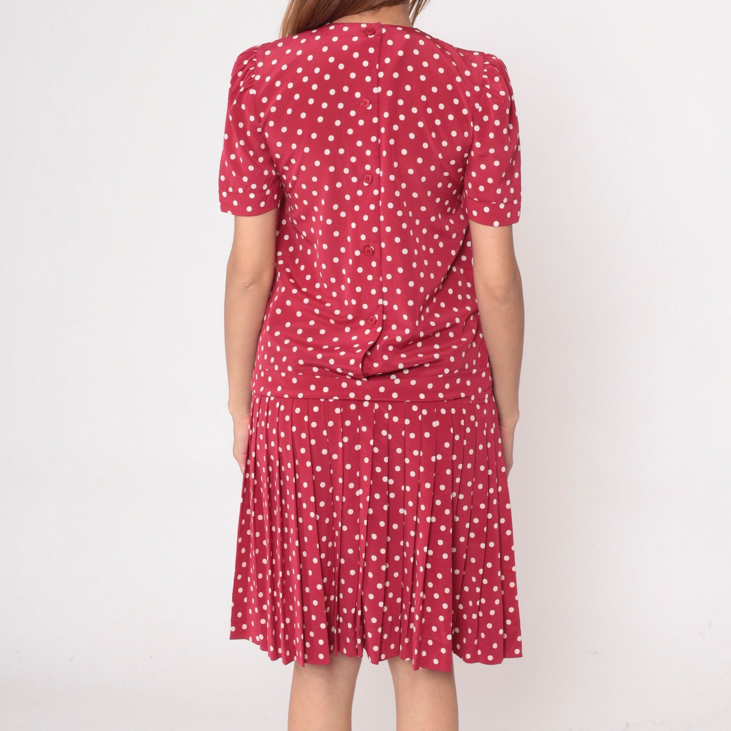 80s Albert Nipon Red Polka Dot Midi Dress Puff Sleeve Drop Waist Small