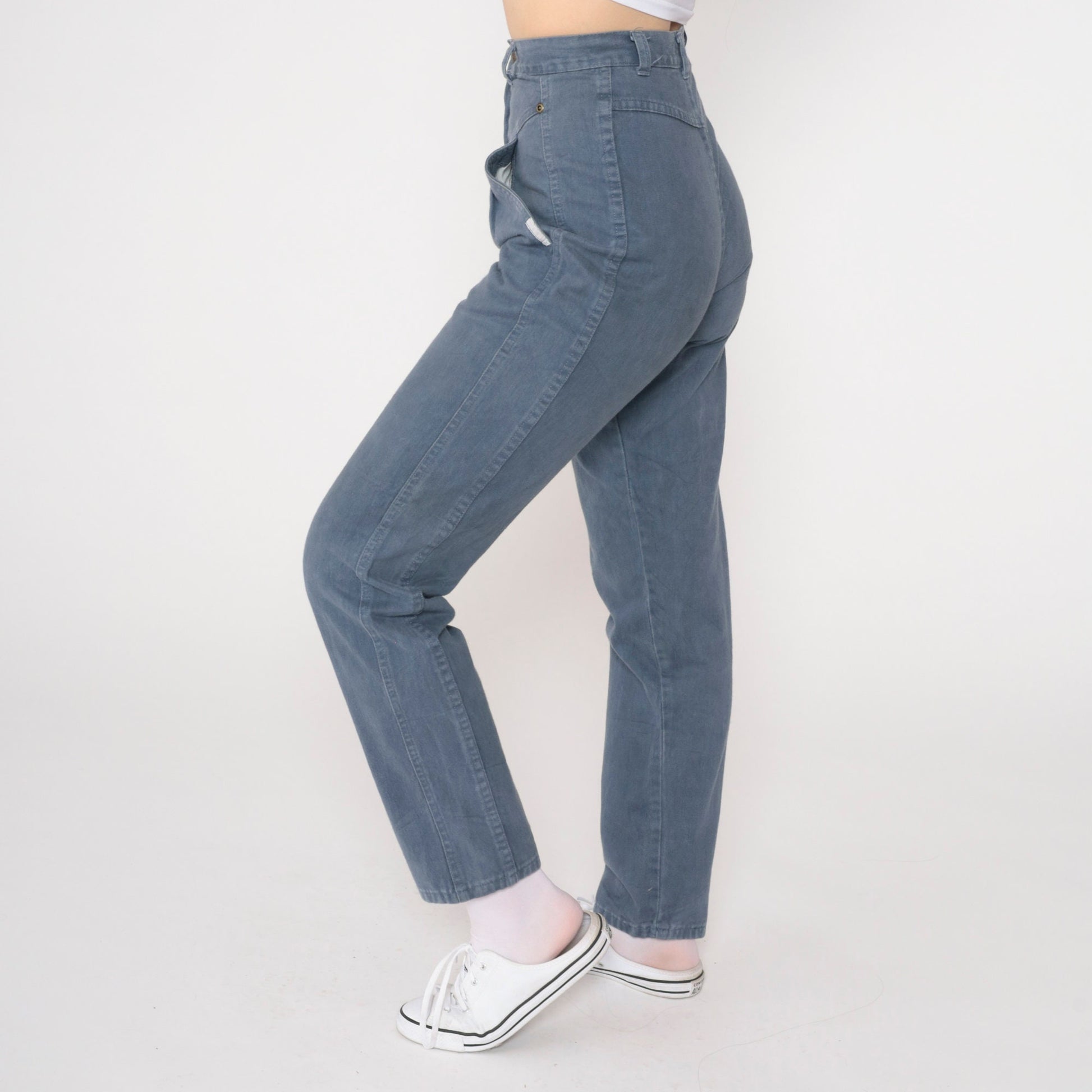 90s Grey Blue Pleated High Waist Straight Tapered Trousers Extra Small