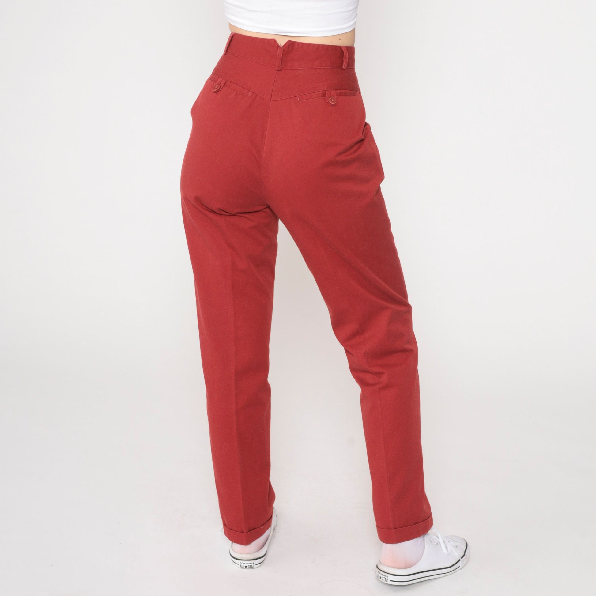 80s Red Pleated High-Waisted Tapered Trousers Extra Small XS