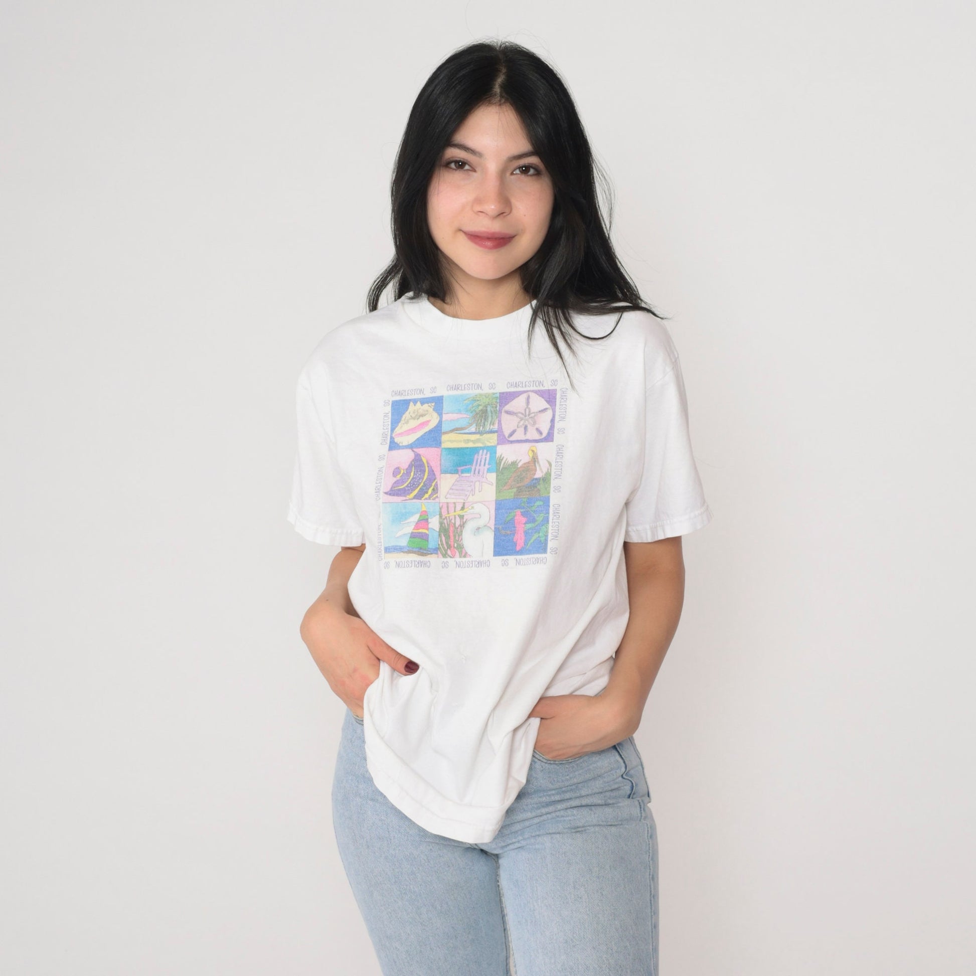 80s Charleston South Carolina Graphic T-Shirt White Cotton Medium