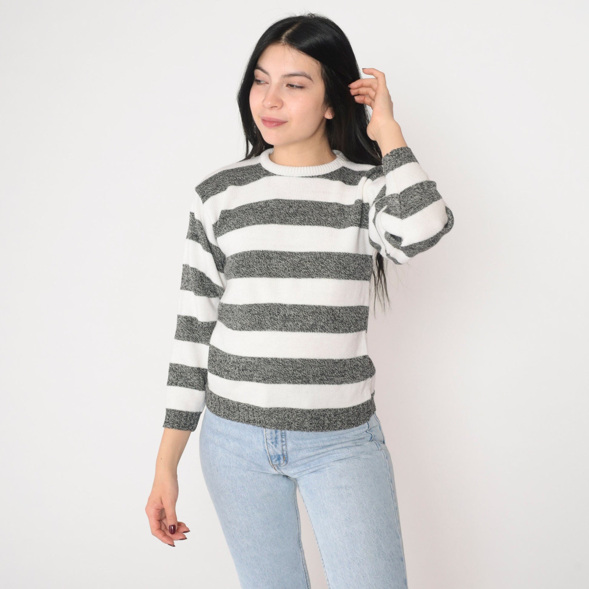 90s Jonathan Cass Striped Knit Sweater White Black Crewneck Small