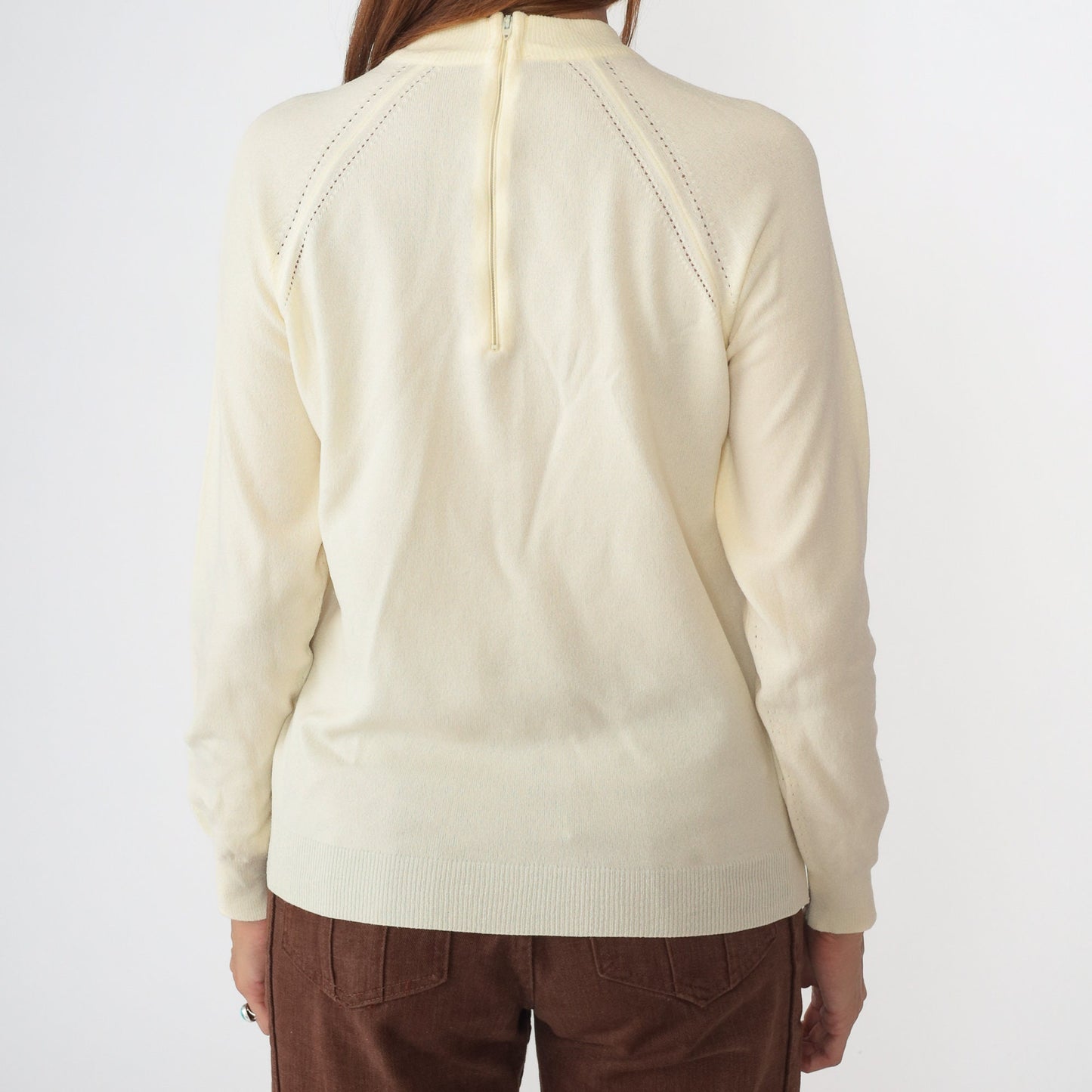 70s Cream Knit Raglan Sweater Rear Zipper Pullover Small Medium