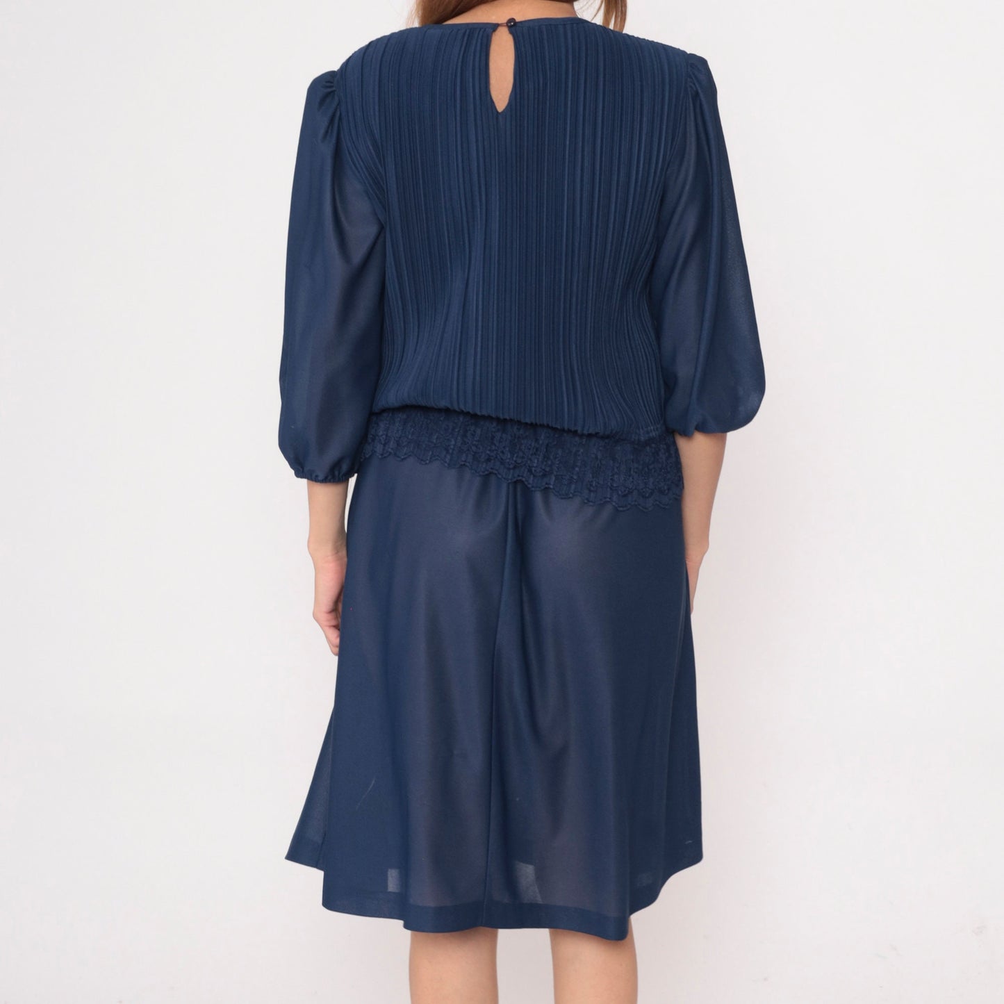 80s Dark Blue Pleated Midi Dress Puff Sleeve Lace Trim Drop Waist Medium