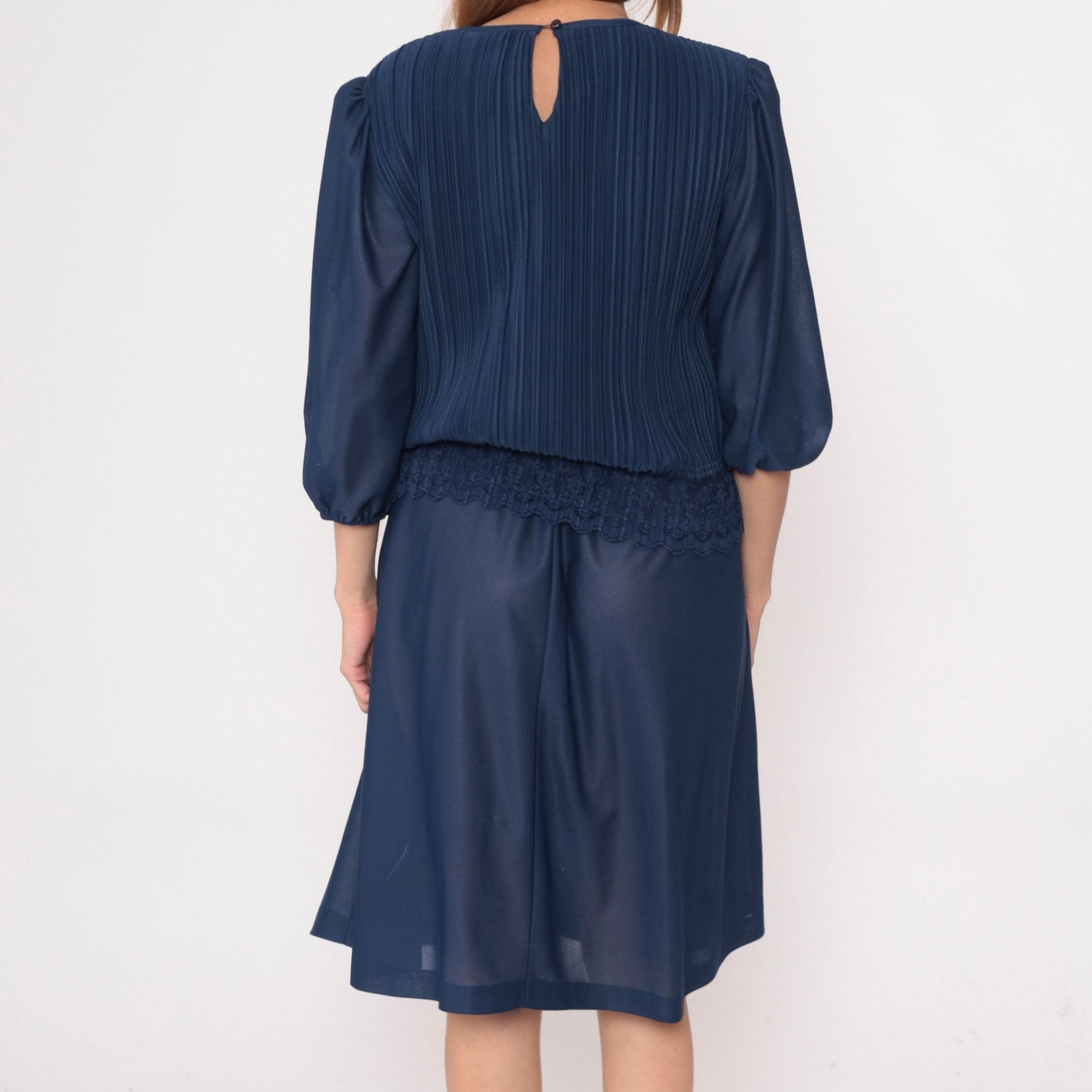 80s Dark Blue Pleated Midi Dress Puff Sleeve Lace Trim Drop Waist Medium