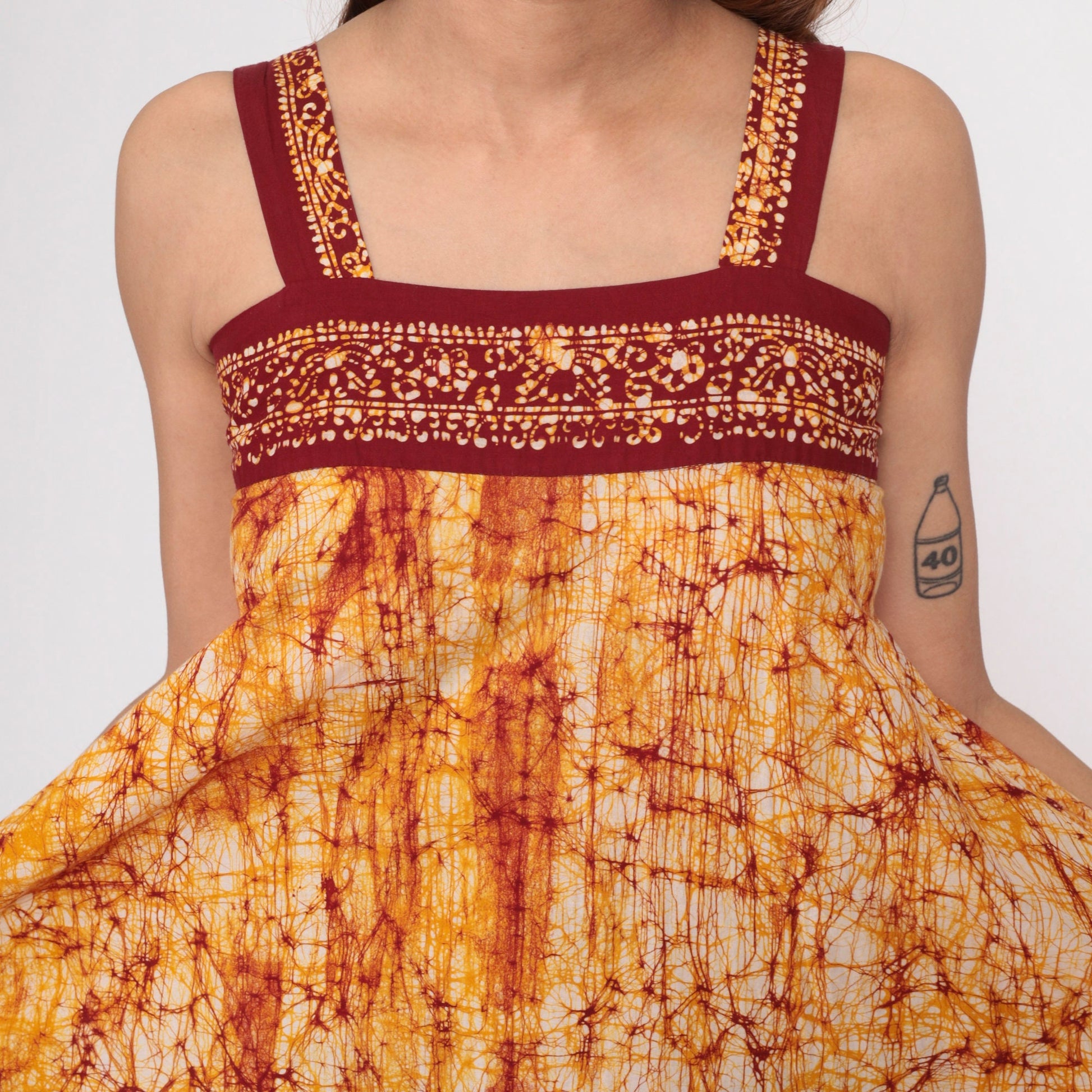 00s Batik Floral Sundress Tropical Print Tank Mini Yellow Red Small S