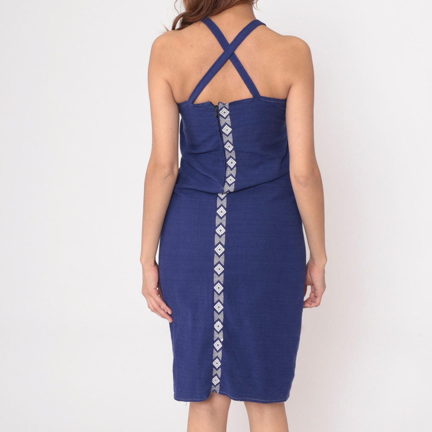 90s Blue Aztec Embroidered Midi Sundress Criss-Cross Spaghetti Strap Extra Small XS
